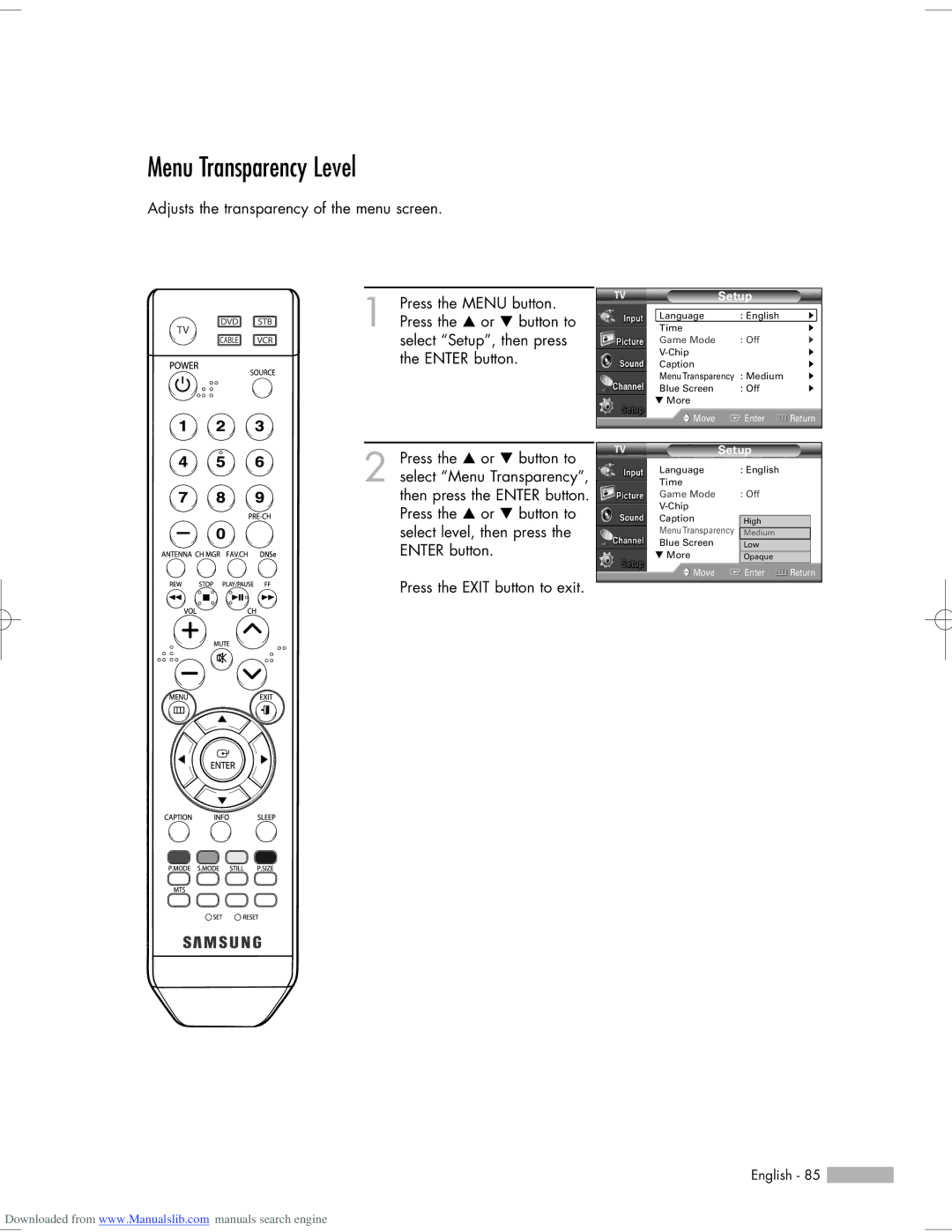 Samsung HL-S6765W, HL-S6165W, HL-S5665W, HL-S5065W, HL-S5055W manual Menu Transparency Level 