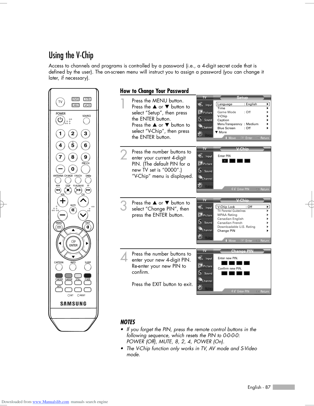 Samsung HL-S5665W, HL-S6765W, HL-S6165W, HL-S5065W, HL-S5055W manual Using the V-Chip, How to Change Your Password 