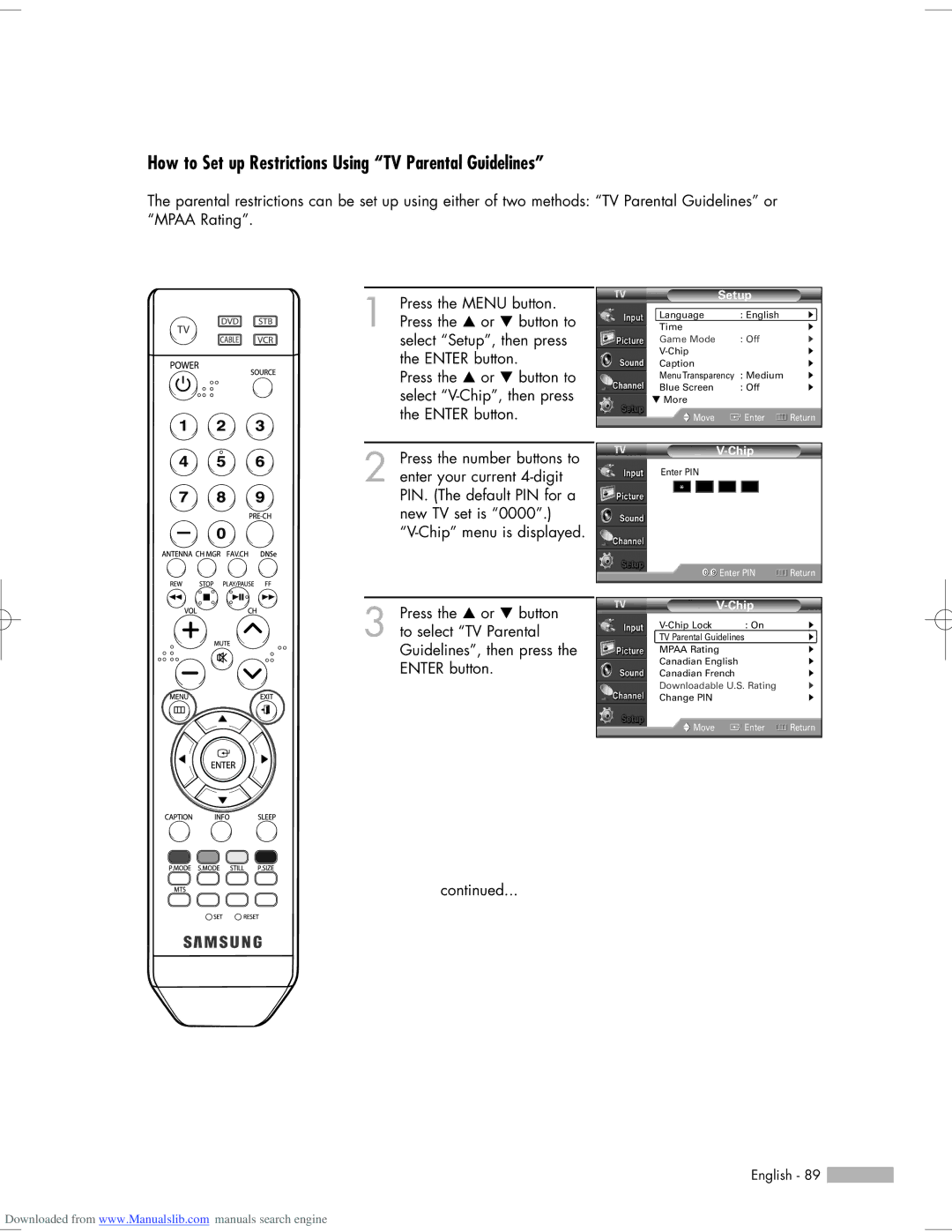 Samsung HL-S5055W, HL-S6765W, HL-S6165W, HL-S5665W, HL-S5065W manual How to Set up Restrictions Using TV Parental Guidelines 