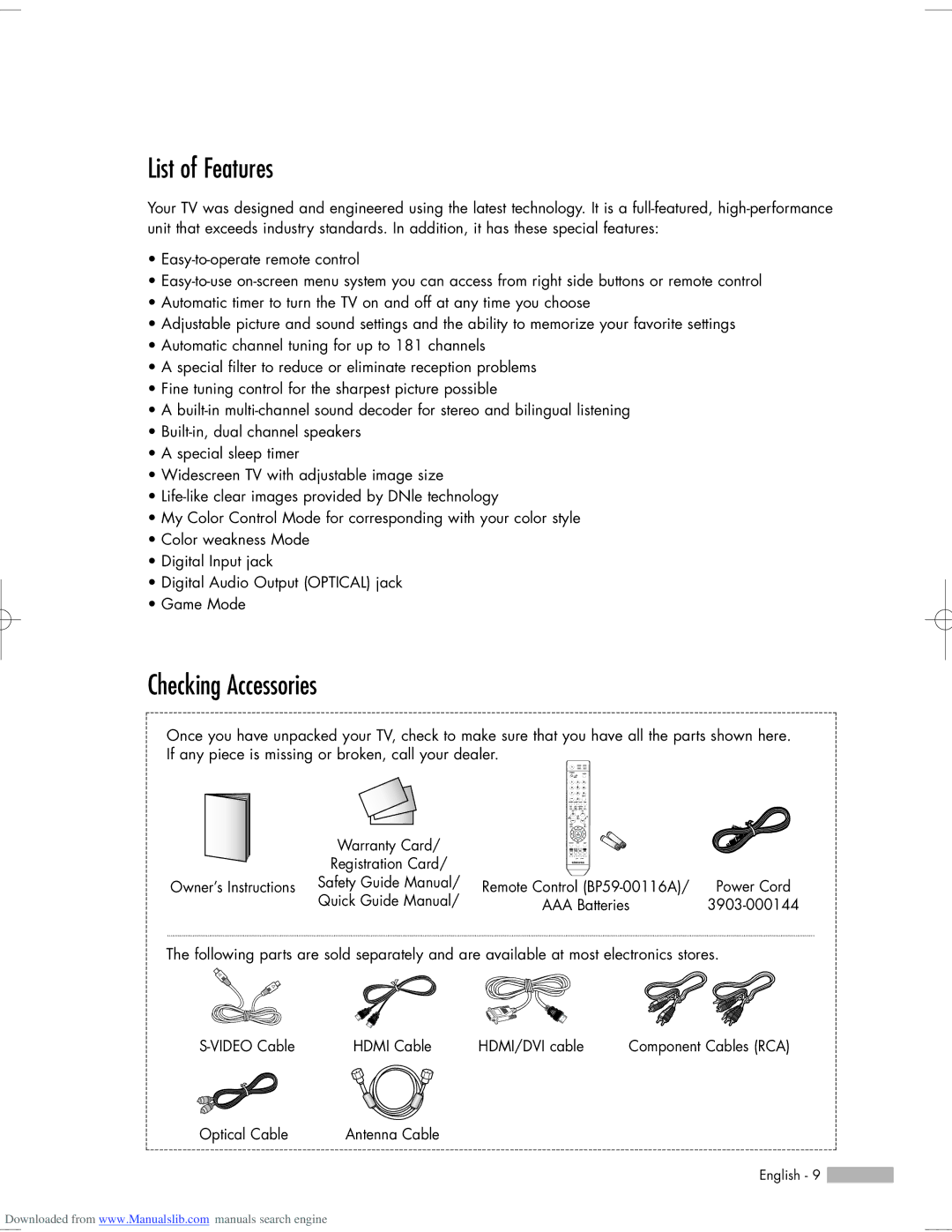 Samsung HL-S5055W, HL-S6765W, HL-S6165W, HL-S5665W, HL-S5065W manual List of Features, Checking Accessories 