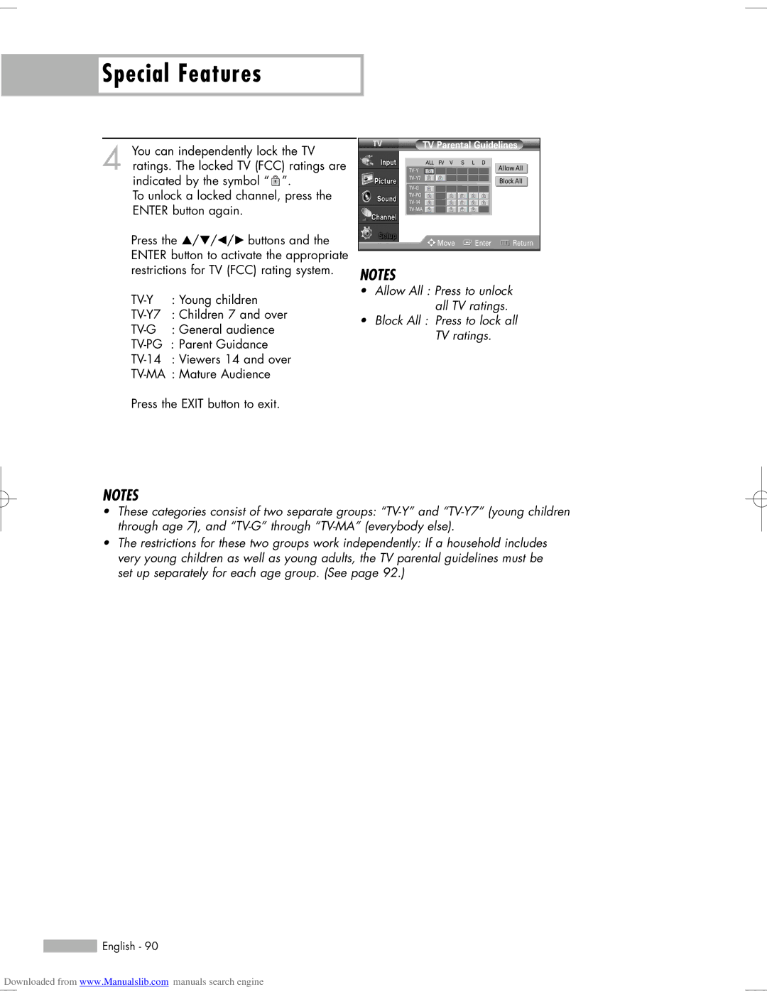 Samsung HL-S6765W, HL-S6165W, HL-S5665W, HL-S5065W, HL-S5055W manual Allow All Press to unlock all TV ratings 