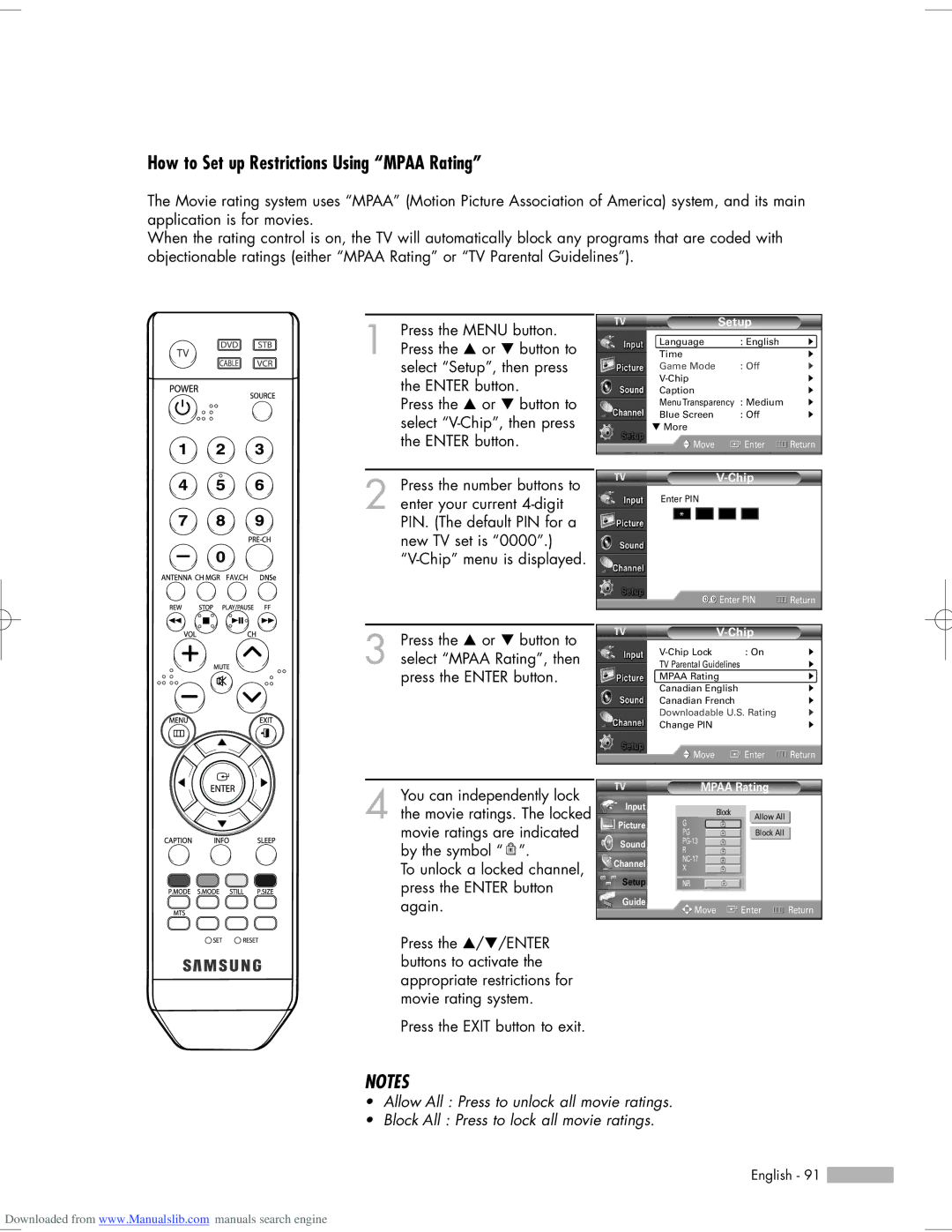 Samsung HL-S6165W, HL-S6765W, HL-S5665W, HL-S5065W, HL-S5055W manual How to Set up Restrictions Using Mpaa Rating 