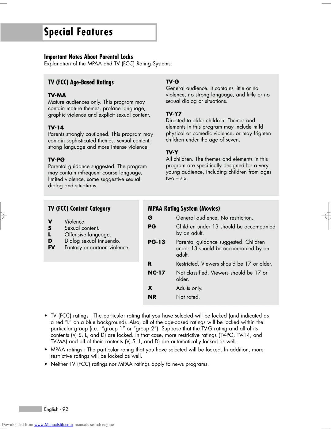 Samsung HL-S5665W, HL-S6765W manual Important Notes About Parental Locks, TV FCC Age-Based Ratings, TV FCC Content Category 