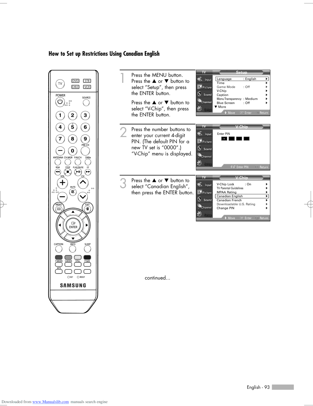 Samsung HL-S5065W, HL-S6765W, HL-S6165W, HL-S5665W, HL-S5055W manual How to Set up Restrictions Using Canadian English 