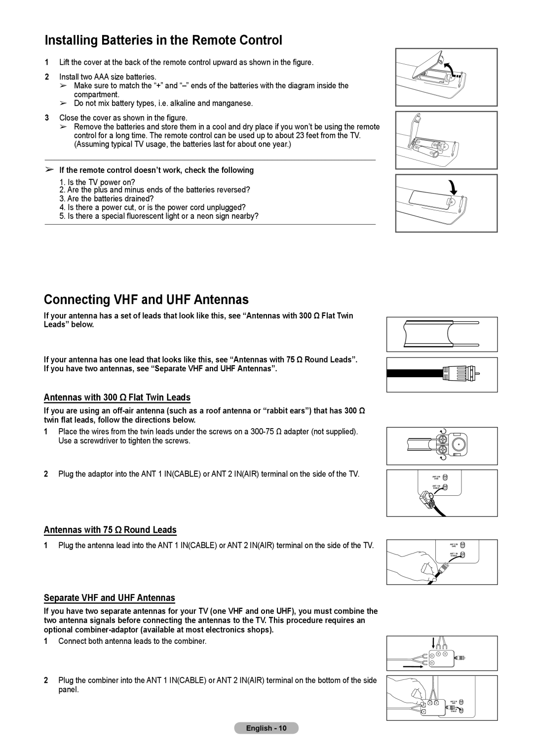 Samsung HL-T5675S, HL-T5075S, HLT4675S manual Installing Batteries in the Remote Control, Connecting VHF and UHF Antennas 