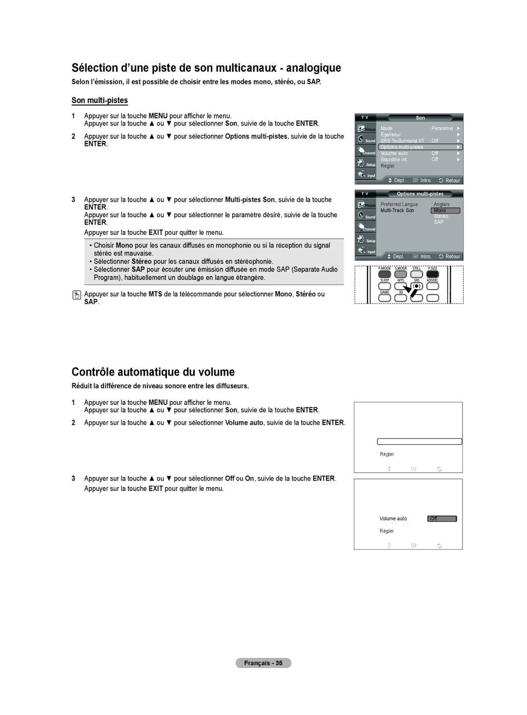 Samsung HLT4675S Sélection d’une piste de son multicanaux analogique, Contrôle automatique du volume, Son multi-pistes 