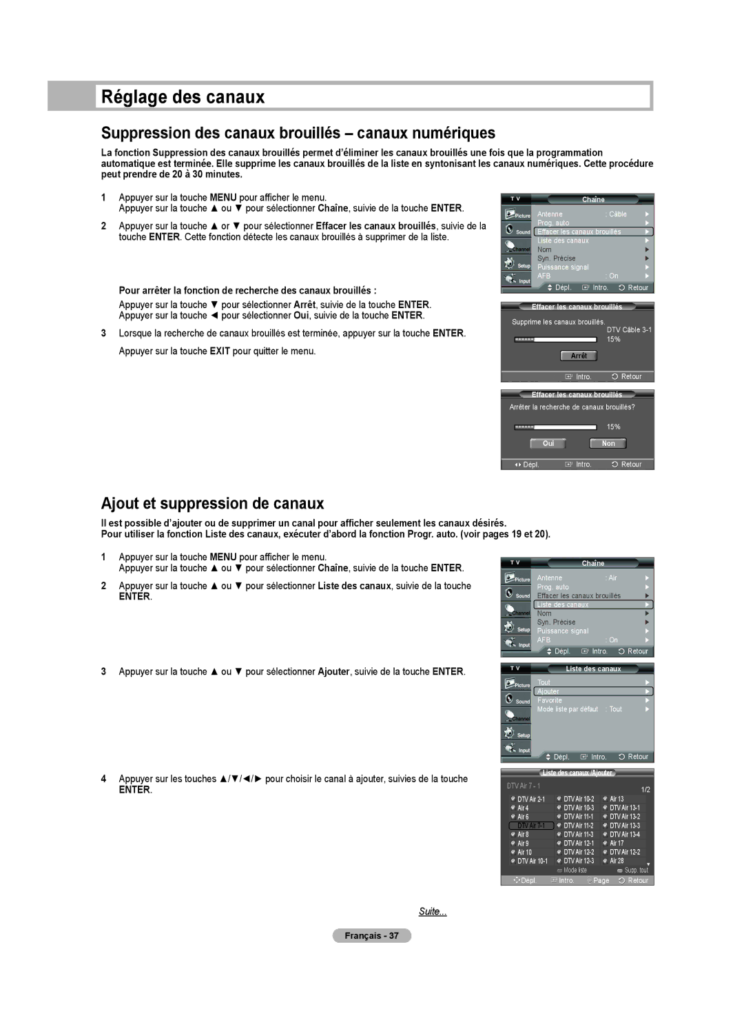 Samsung HL-T5675S Réglage des canaux, Suppression des canaux brouillés canaux numériques, Ajout et suppression de canaux 