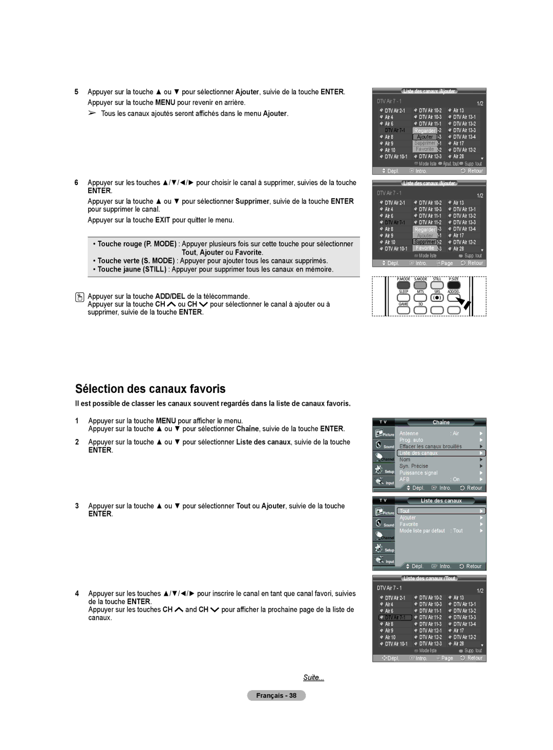 Samsung HLT4675S, HL-T5075S, HL-T5675S manual Sélection des canaux favoris, Canaux, Liste des canaux /Tout 