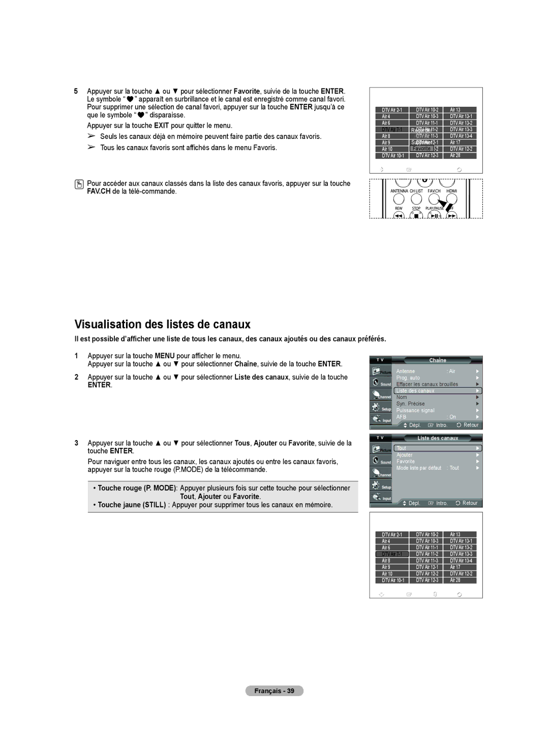 Samsung HL-T5075S, HL-T5675S, HLT4675S manual Visualisation des listes de canaux 