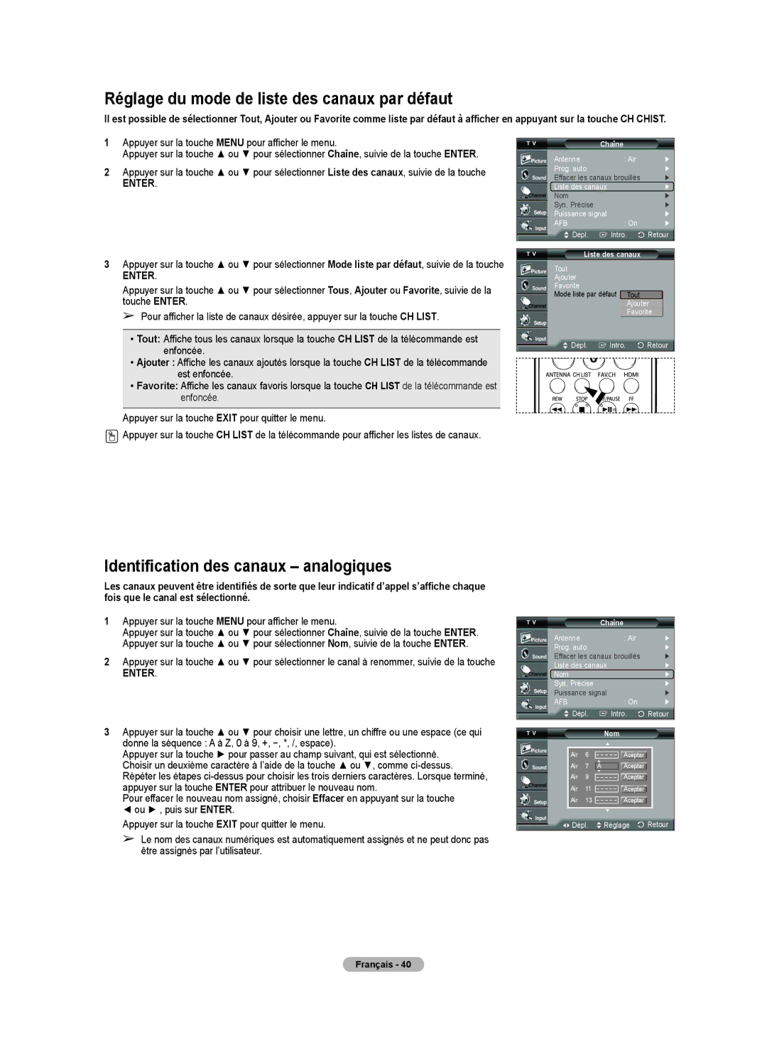 Samsung HL-T5675S, HL-T5075S Réglage du mode de liste des canaux par défaut, Identification des canaux analogiques, Nom 