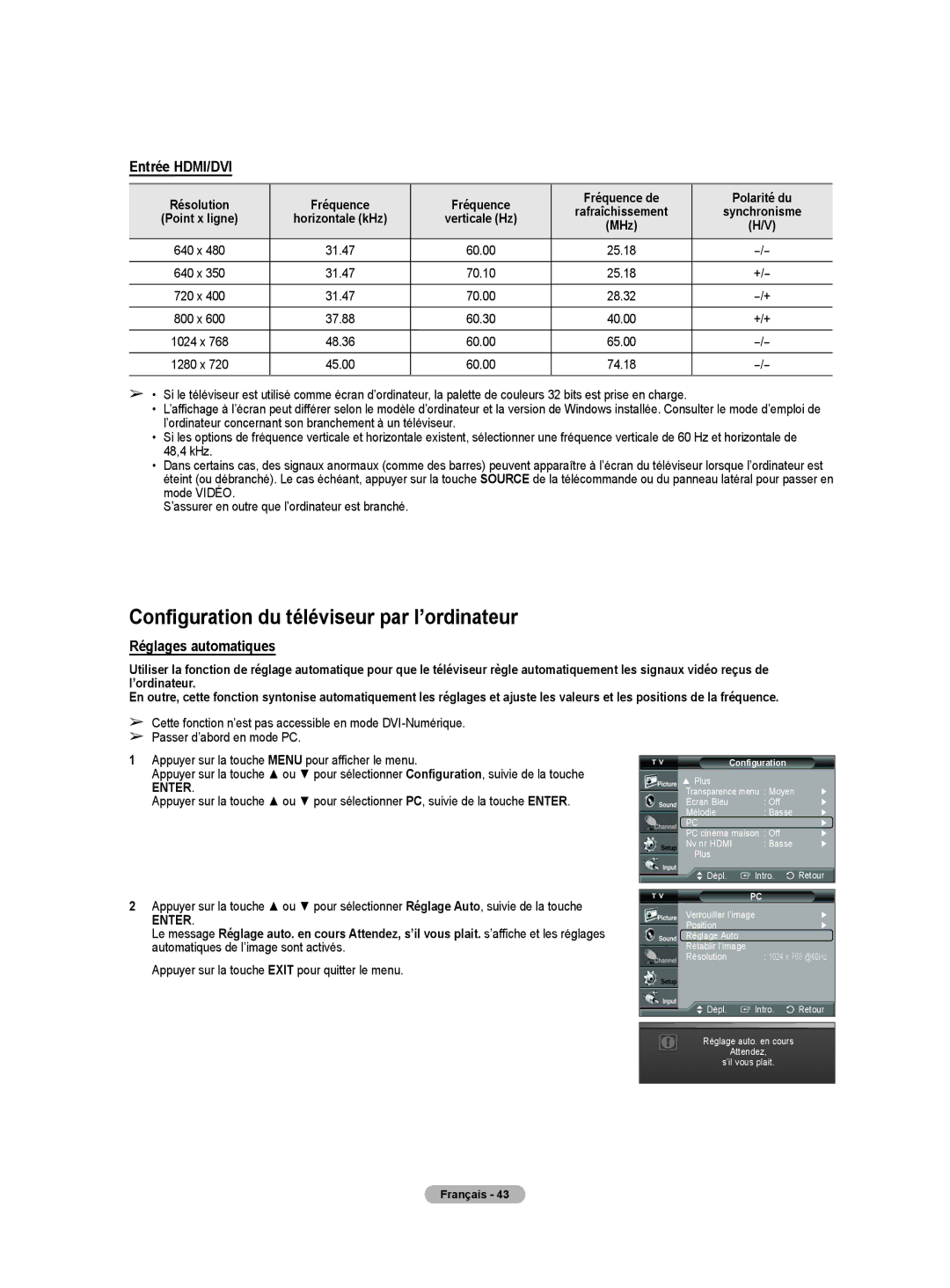 Samsung HL-T5675S, HL-T5075S, HLT4675S Configuration du téléviseur par l’ordinateur, Entrée HDMI/DVI, Réglages automatiques 