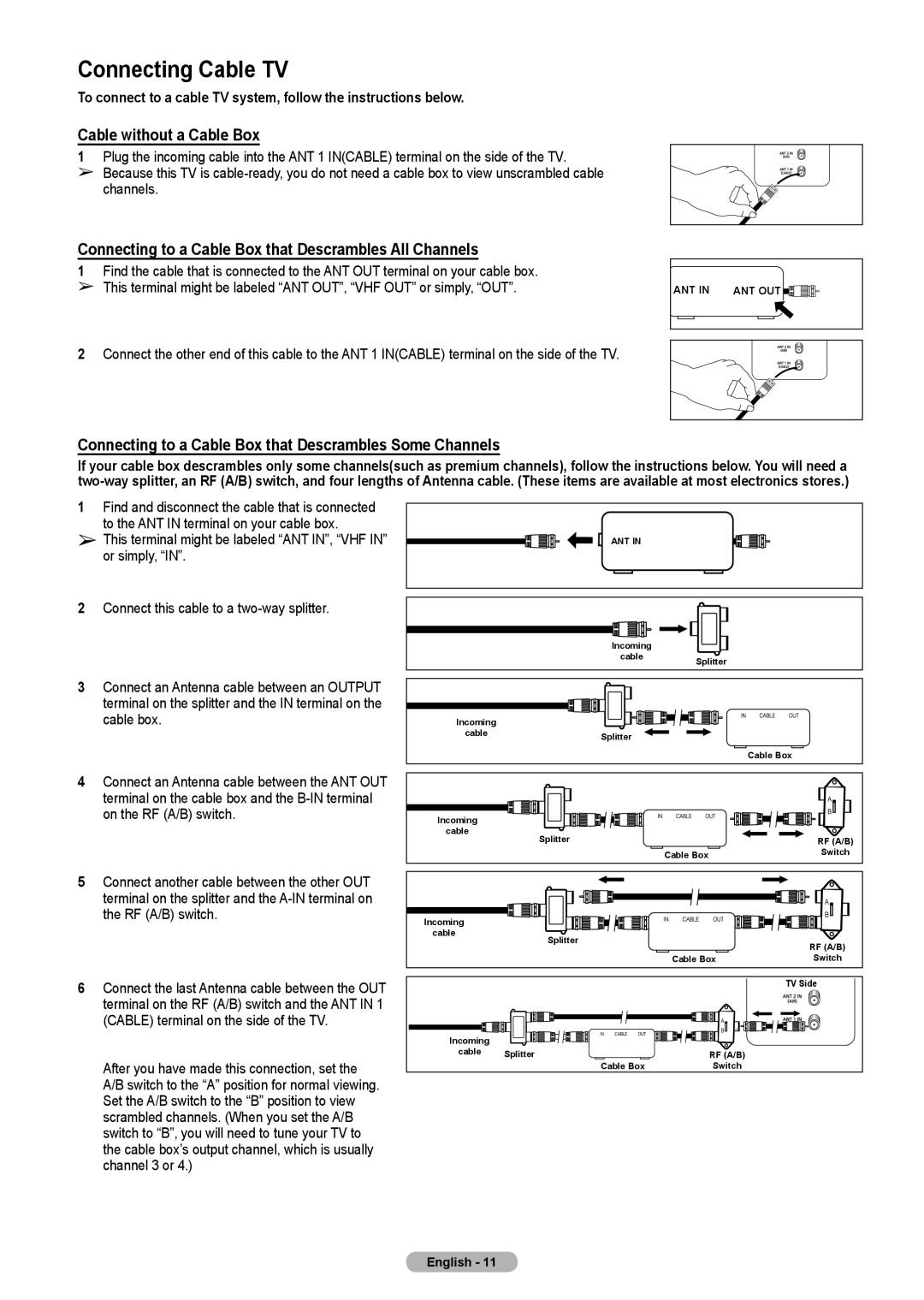 Samsung HLT4675S Connecting Cable TV, Cable without a Cable Box, Connecting to a Cable Box that Descrambles All Channels 