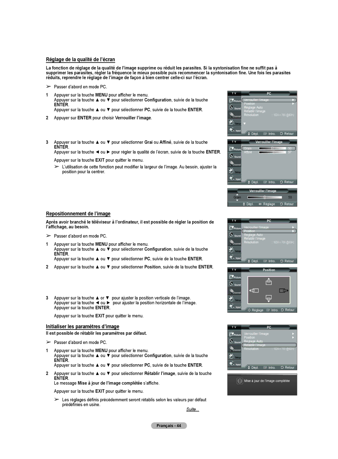 Samsung HLT4675S manual Réglage de la qualité de l’écran, Repositionnement de l’image, Initialiser les paramètres d’image 