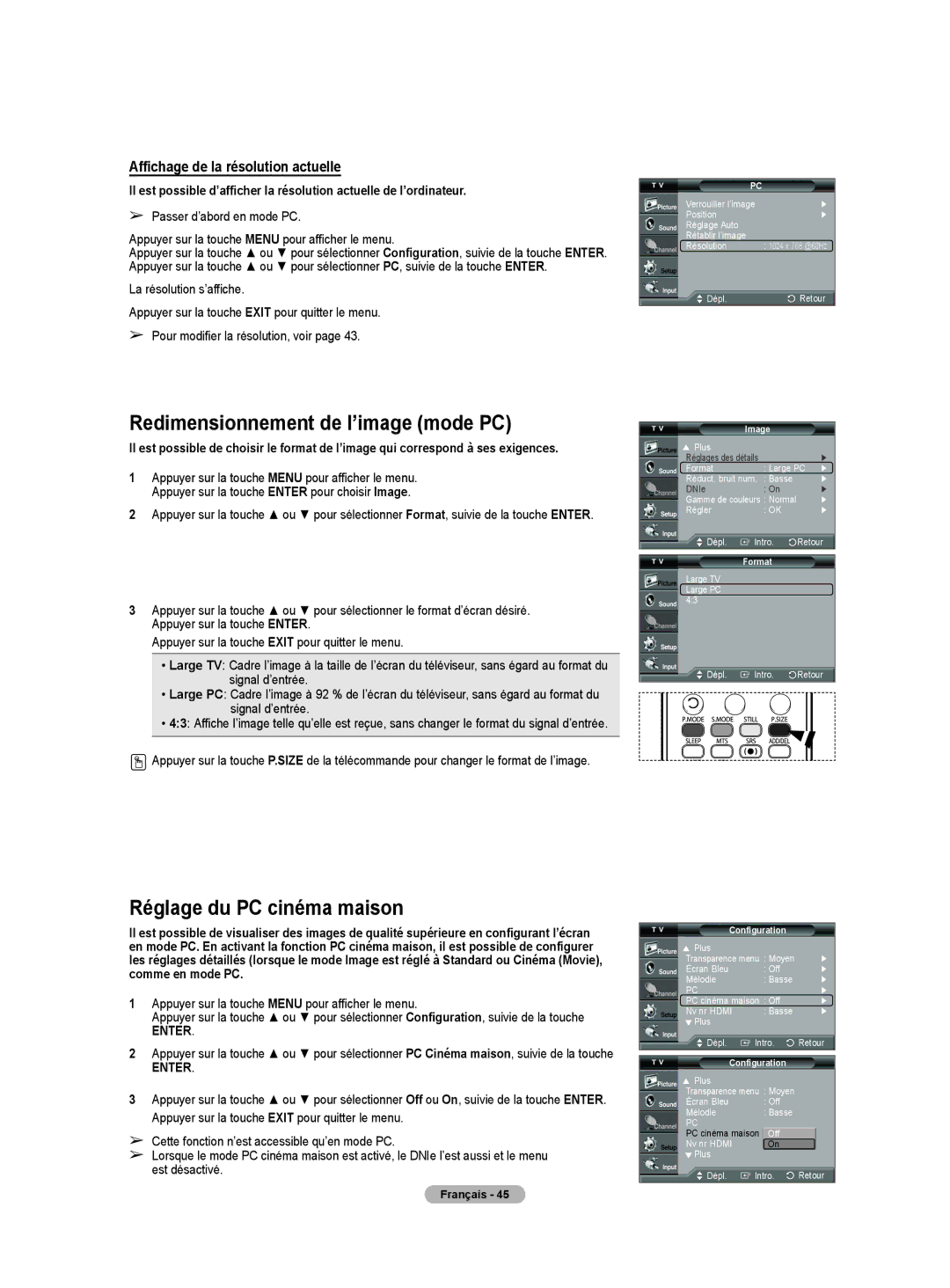 Samsung HL-T5075S Redimensionnement de l’image mode PC, Réglage du PC cinéma maison, Affichage de la résolution actuelle 