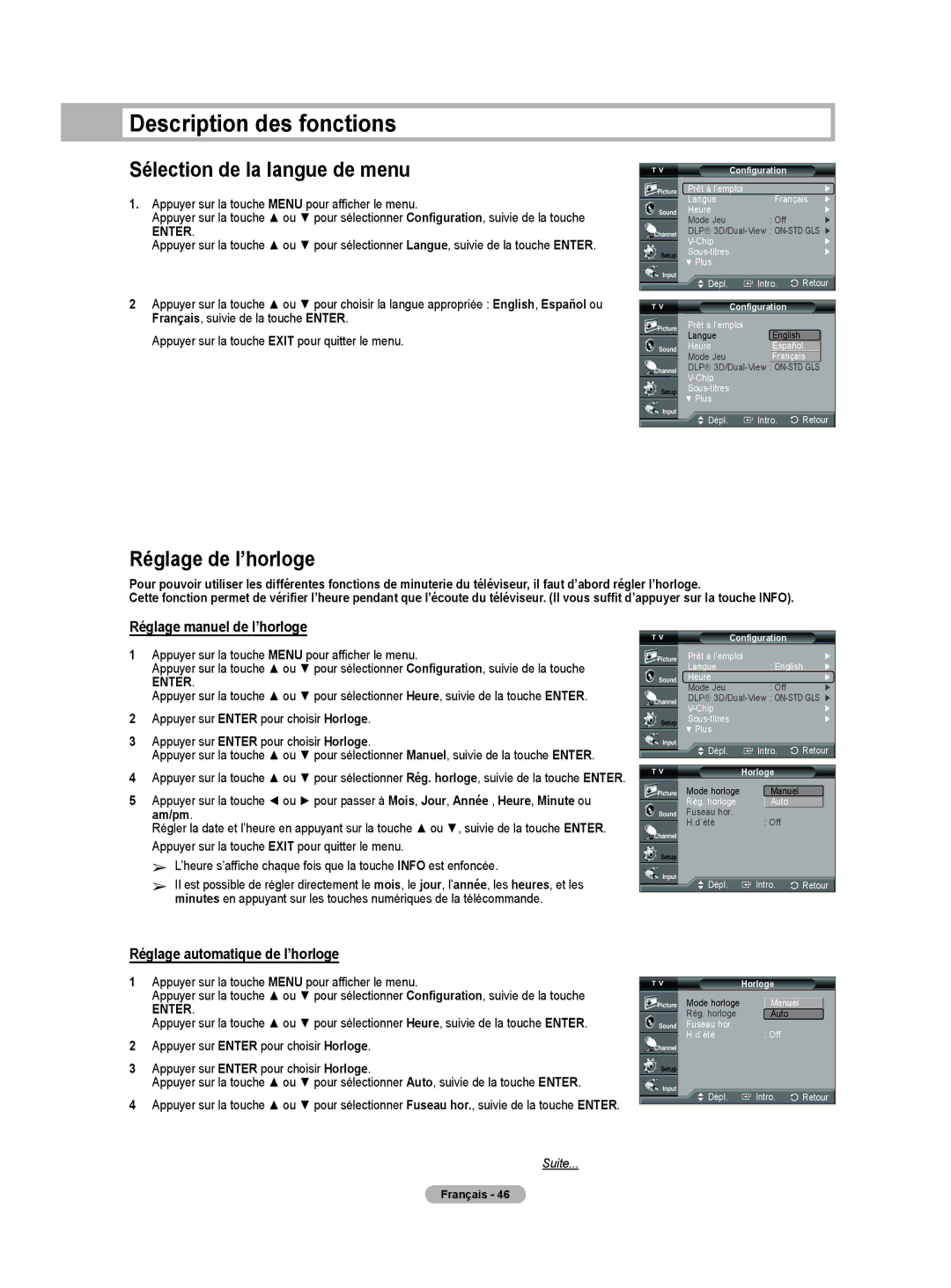 Samsung HL-T5675S, HL-T5075S manual Description des fonctions, Sélection de la langue de menu, Réglage de l’horloge, Horloge 