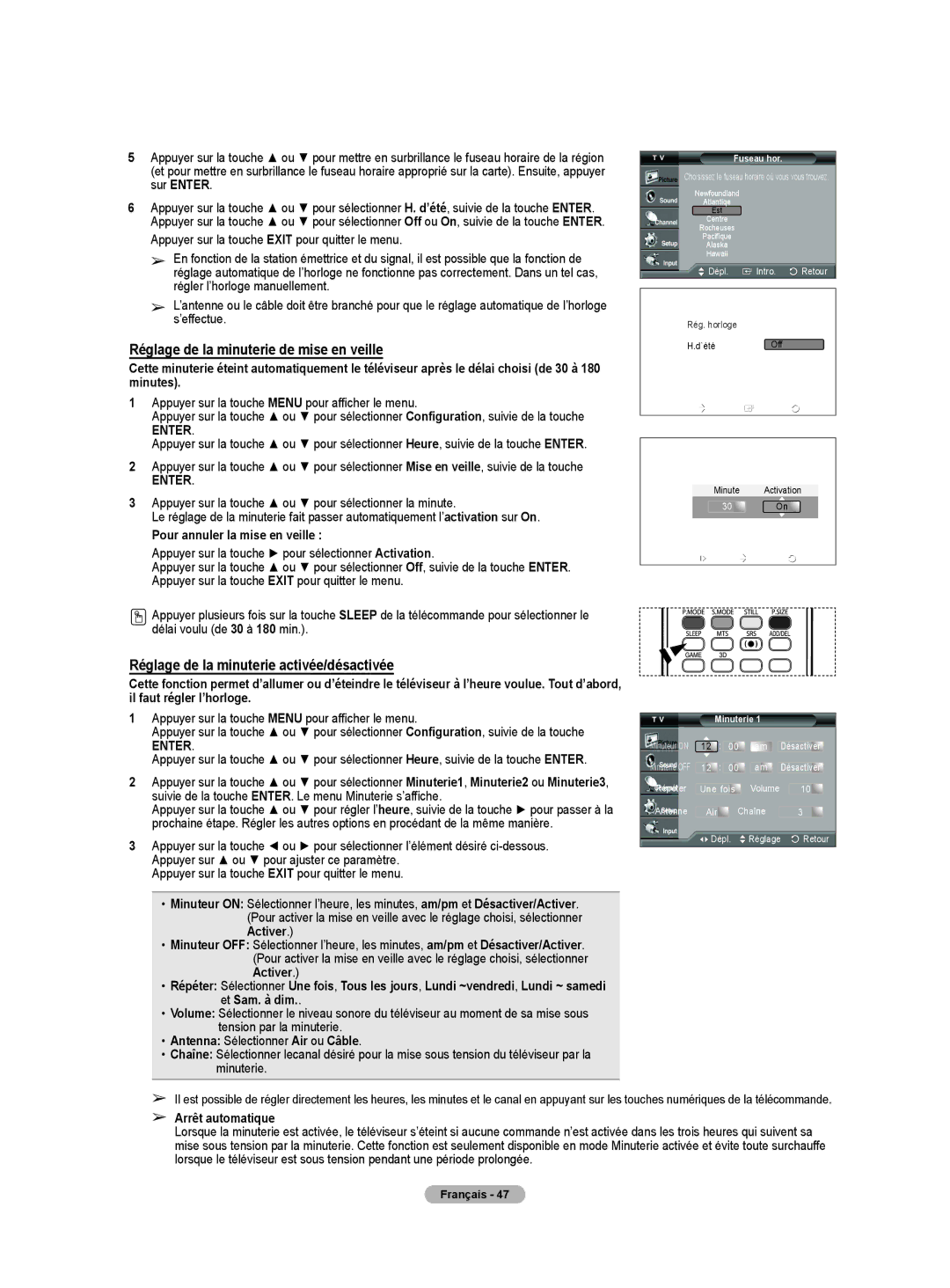 Samsung HLT4675S Réglage de la minuterie de mise en veille, Réglage de la minuterie activée/désactivée, Arrêt automatique 