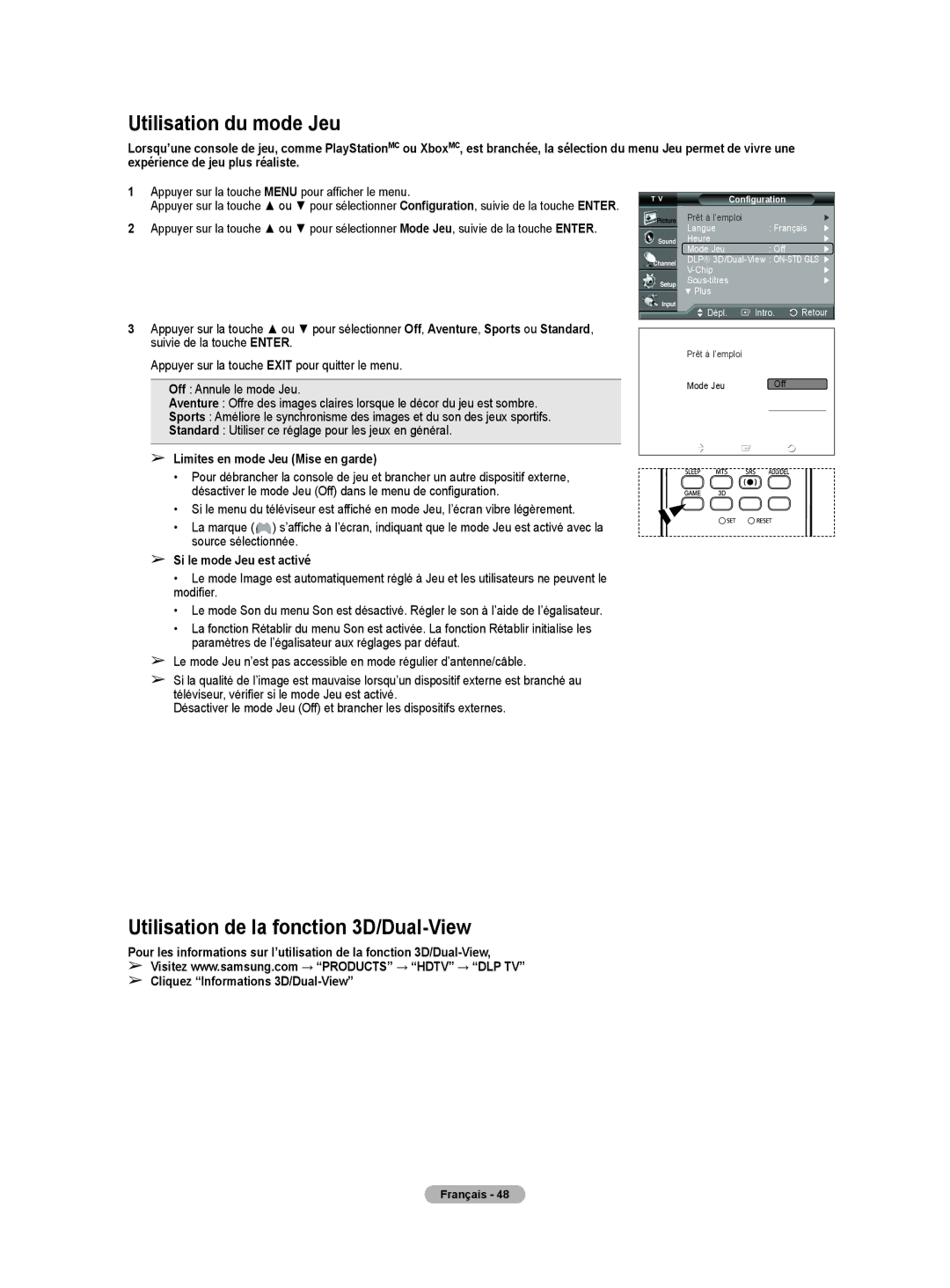 Samsung HL-T5075S Utilisation du mode Jeu, Utilisation de la fonction 3D/Dual-View, Limites en mode Jeu Mise en garde 