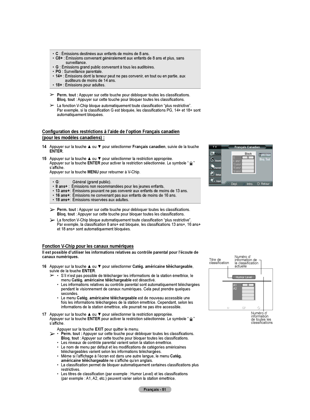 Samsung HL-T5075S, HL-T5675S, HLT4675S manual Fonction V-Chip pour les canaux numériques, Français Canadien 