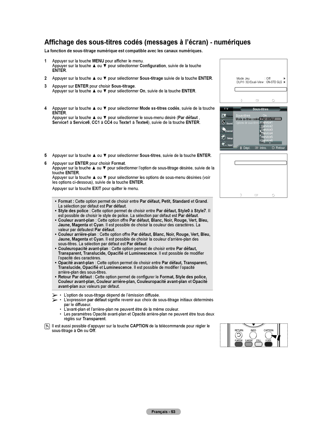 Samsung HLT4675S, HL-T5075S, HL-T5675S manual Options de sous-titres 