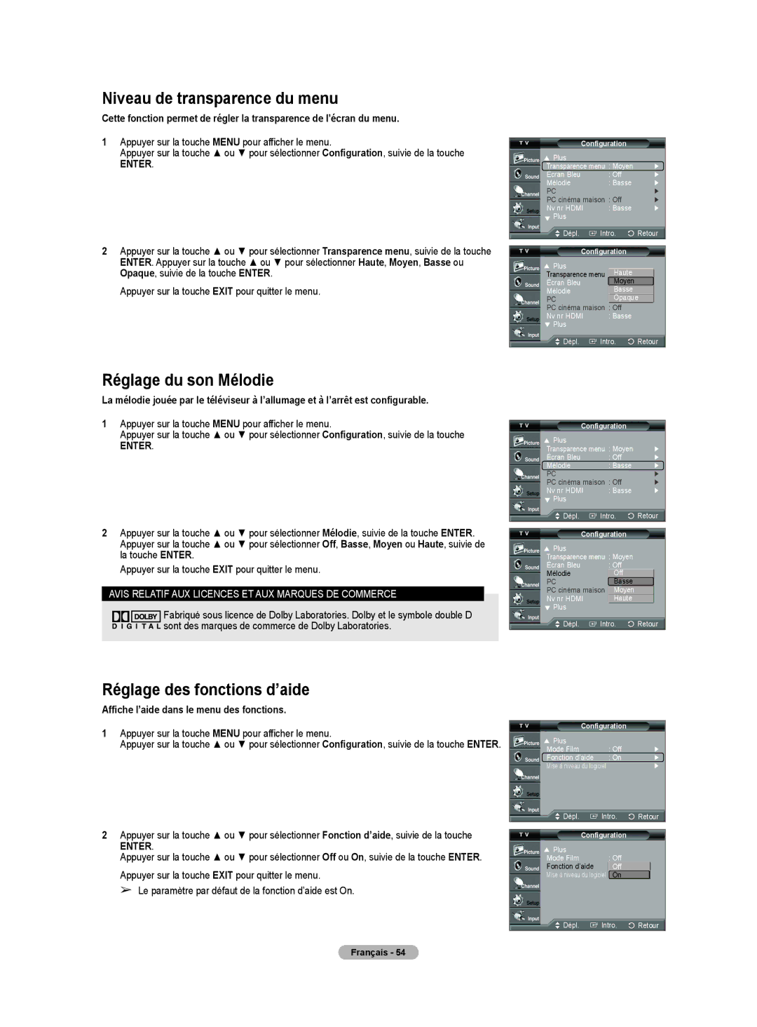 Samsung HL-T5075S, HL-T5675S, HLT4675S Niveau de transparence du menu, Réglage du son Mélodie, Réglage des fonctions d’aide 