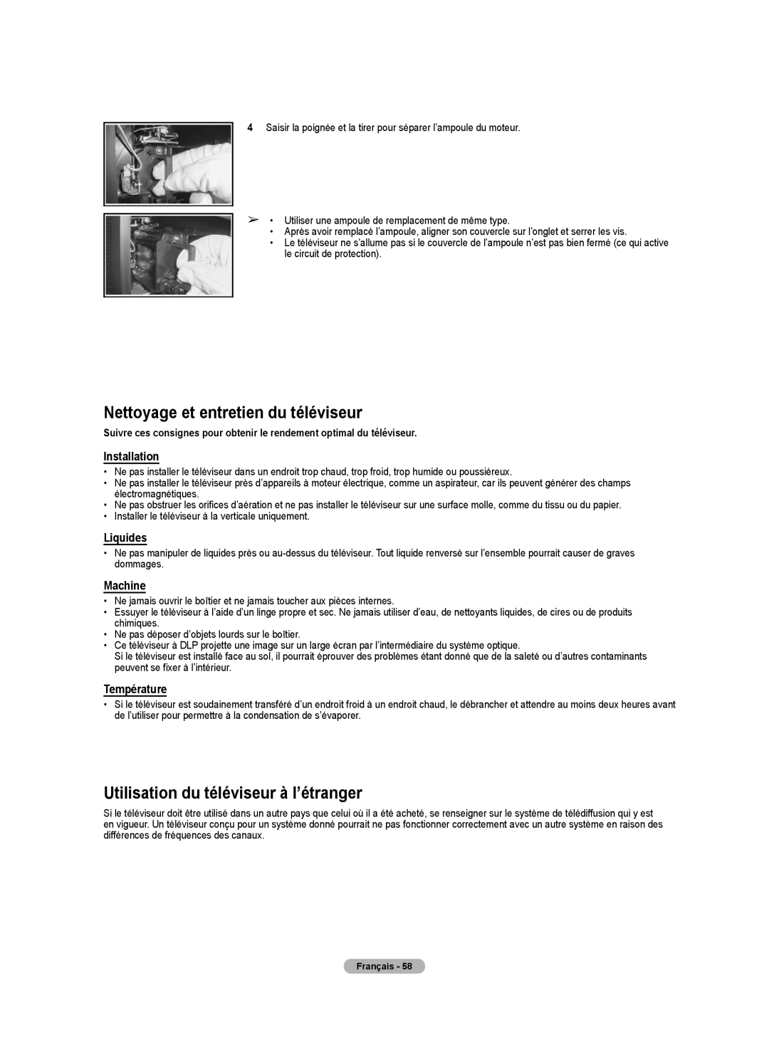 Samsung HL-T5675S, HL-T5075S, HLT4675S manual Nettoyage et entretien du téléviseur, Utilisation du téléviseur à l’étranger 