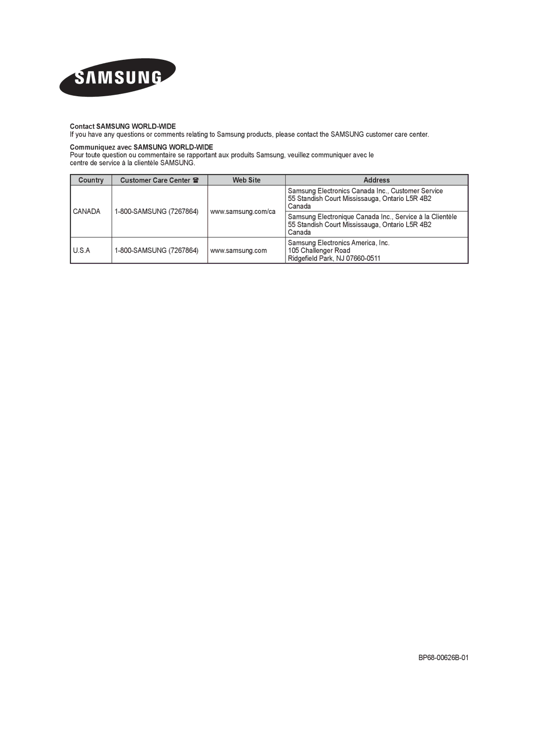 Samsung HLT4675S, HL-T5075S Contact Samsung WORLD-WIDE, Communiquez avec Samsung WORLD-WIDE, Country, Web Site Address 