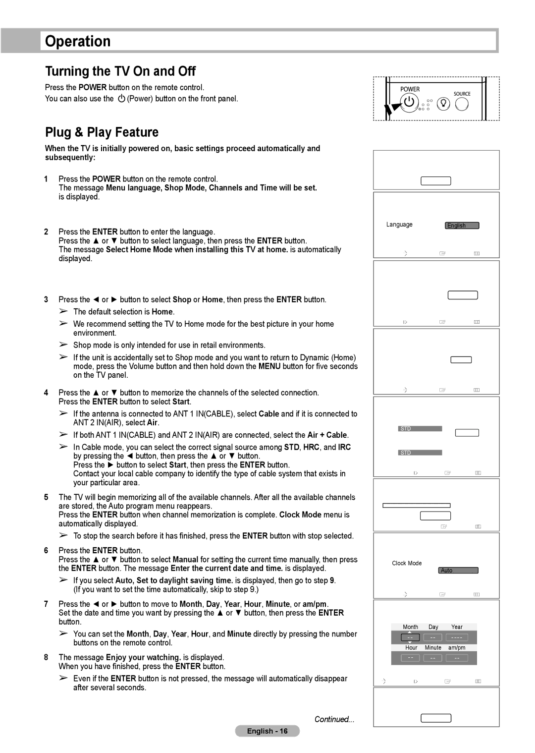 Samsung HL-T5675S Operation, Turning the TV On and Off, Plug & Play Feature, Press the Power button on the remote control 