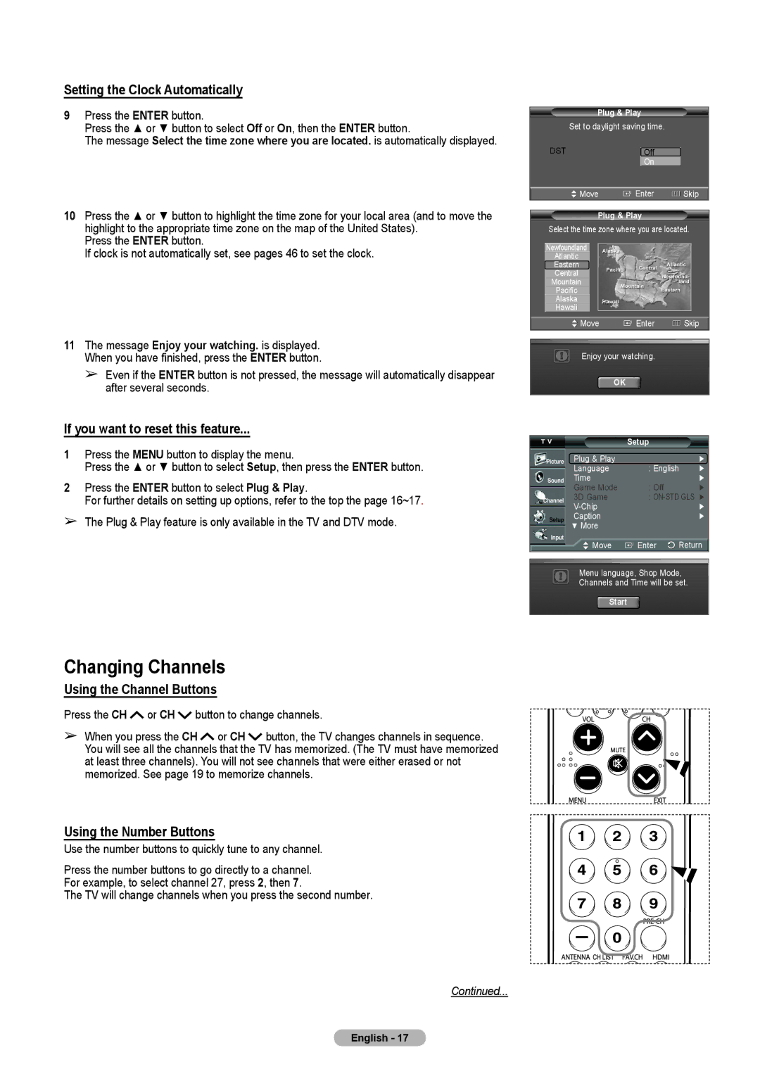 Samsung HLT4675S, HL-T5075S manual Changing Channels, Setting the Clock Automatically, If you want to reset this feature 