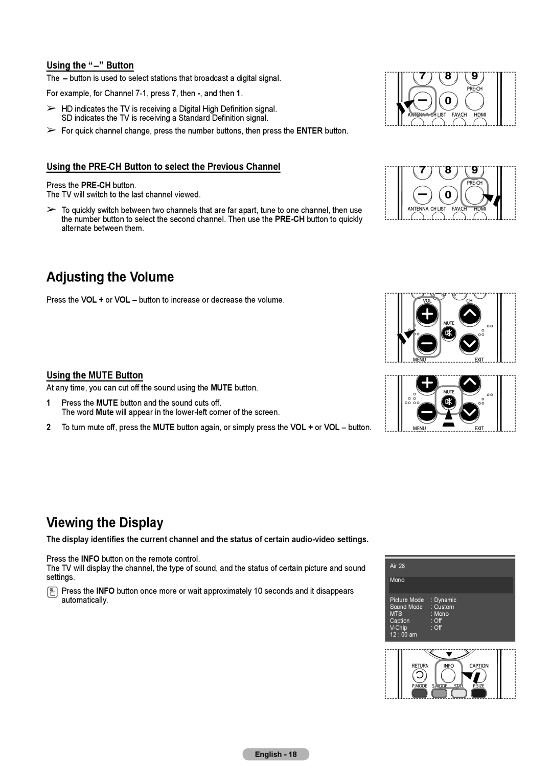 Samsung HL-T5075S, HLT4675S Adjusting the Volume, Using the Button, Using the PRE-CH Button to select the Previous Channel 