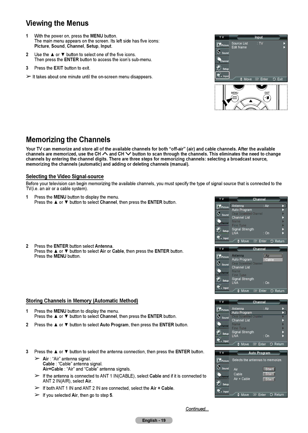 Samsung HL-T5675S, HL-T5075S, HLT4675S Viewing the Menus, Storing Channels in Memory Automatic Method, Input, Auto Program 