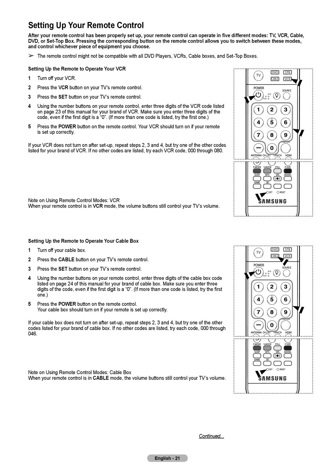 Samsung HL-T5075S, HL-T5675S, HLT4675S manual Setting Up Your Remote Control 