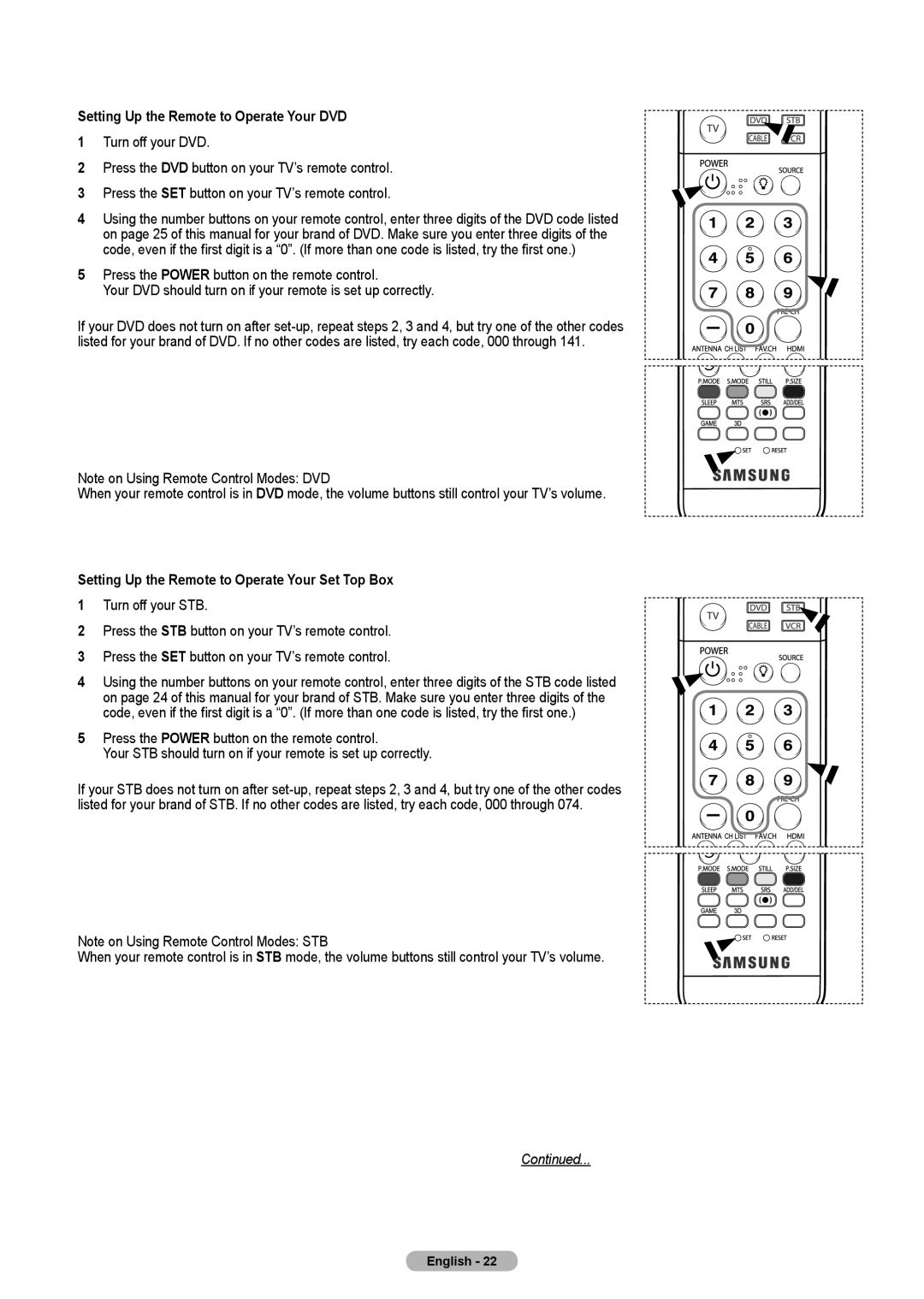 Samsung HL-T5675S, HL-T5075S Setting Up the Remote to Operate Your DVD, Setting Up the Remote to Operate Your Set Top Box 