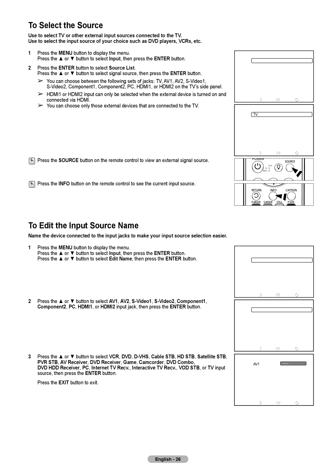 Samsung HLT4675S To Select the Source, To Edit the Input Source Name, Press the Menu button to display the menu, Edit Name 