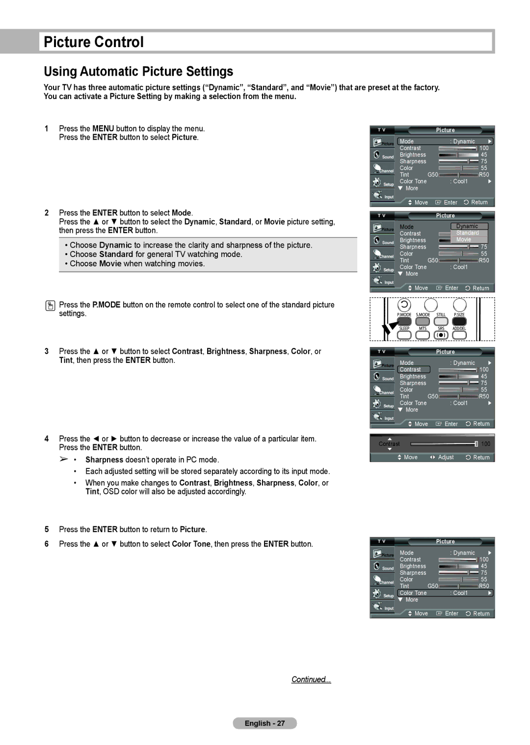 Samsung HL-T5075S, HL-T5675S, HLT4675S manual Picture Control, Using Automatic Picture Settings 