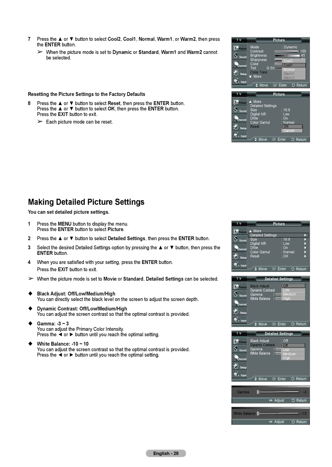 Samsung HL-T5675S, HL-T5075S, HLT4675S manual Making Detailed Picture Settings 