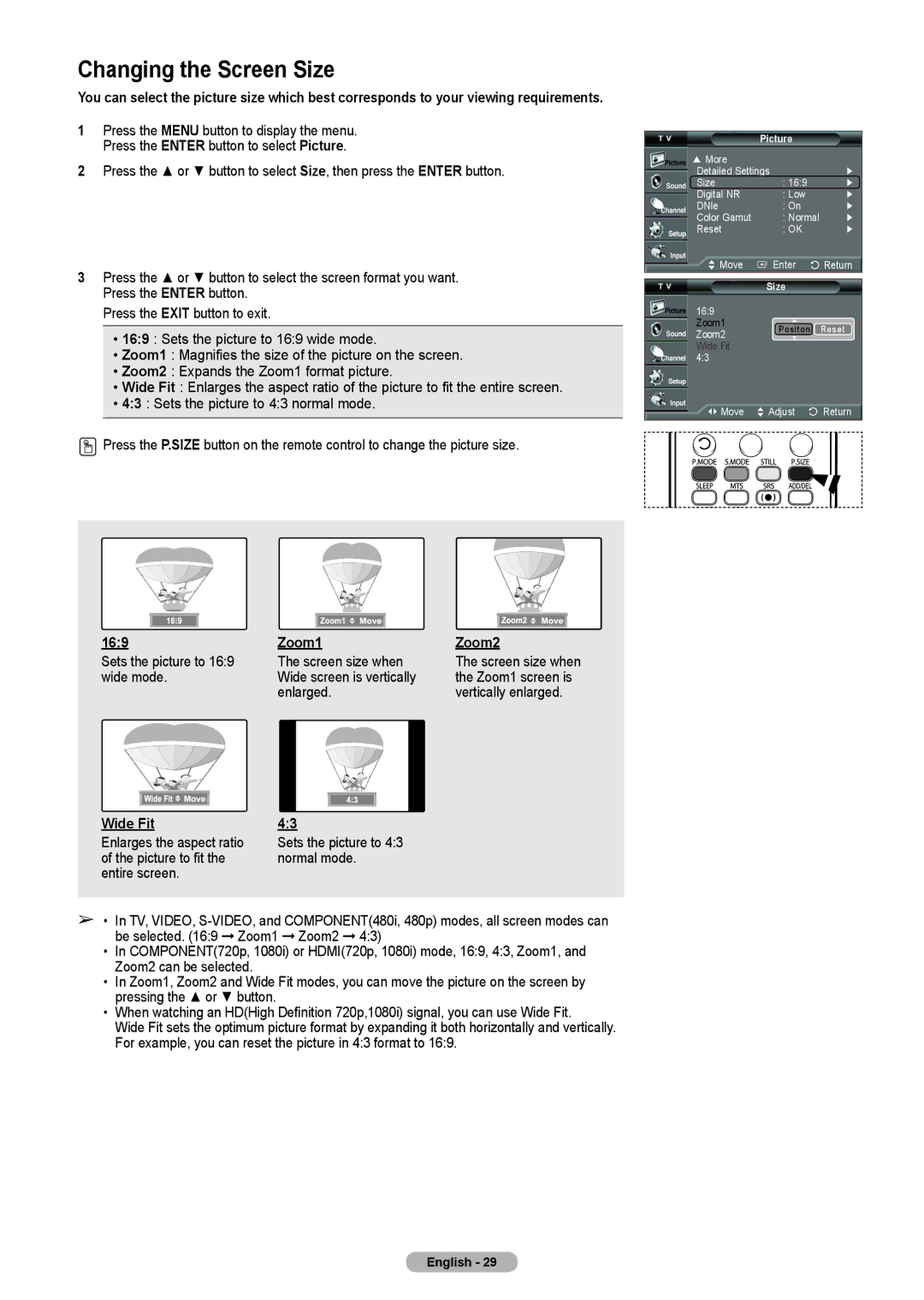 Samsung HLT4675S, HL-T5075S, HL-T5675S manual Changing the Screen Size, 169, Wide Fit, Zoom1, Zoom2 