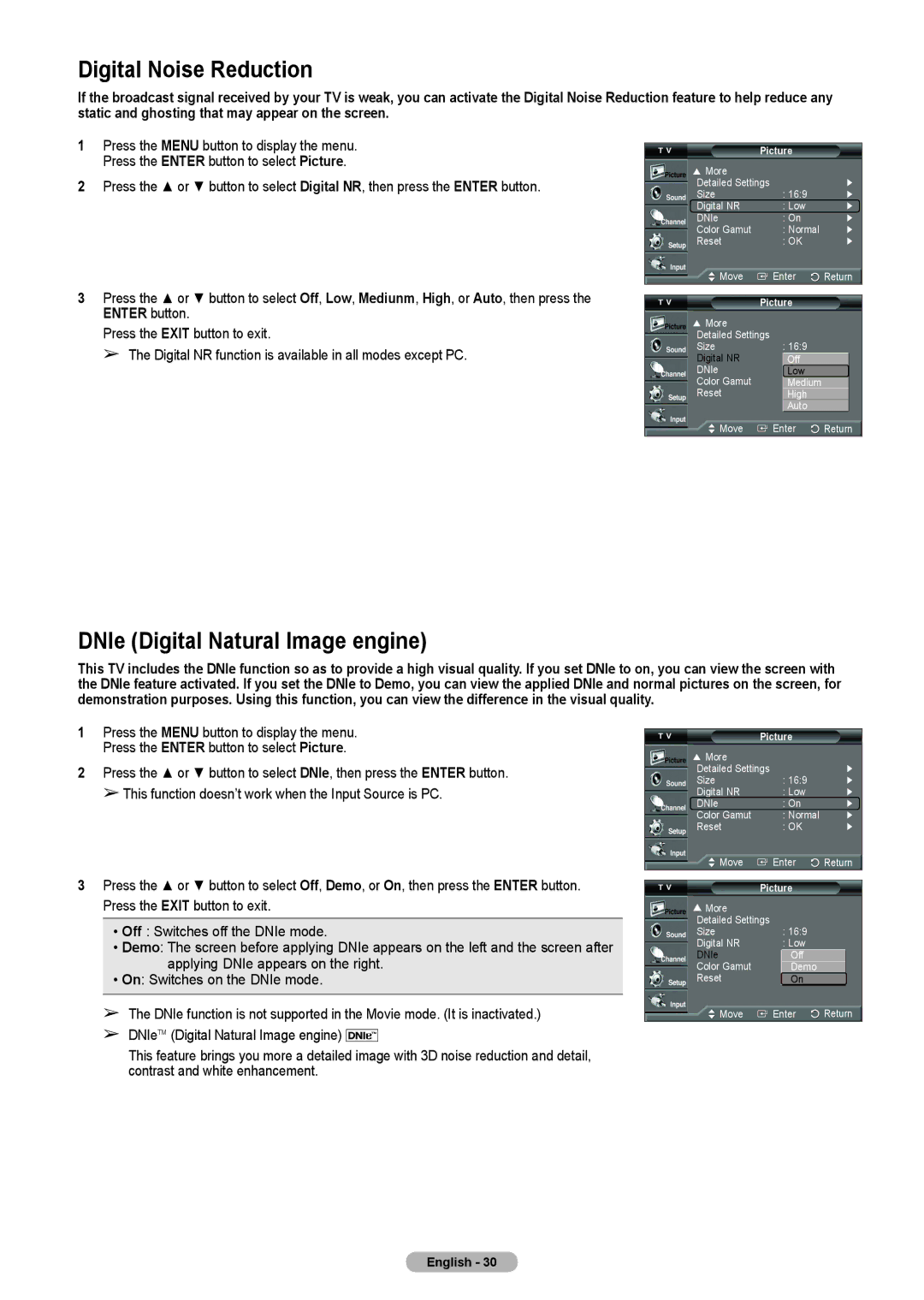 Samsung HL-T5075S, HL-T5675S, HLT4675S manual Digital Noise Reduction, DNIe Digital Natural Image engine 