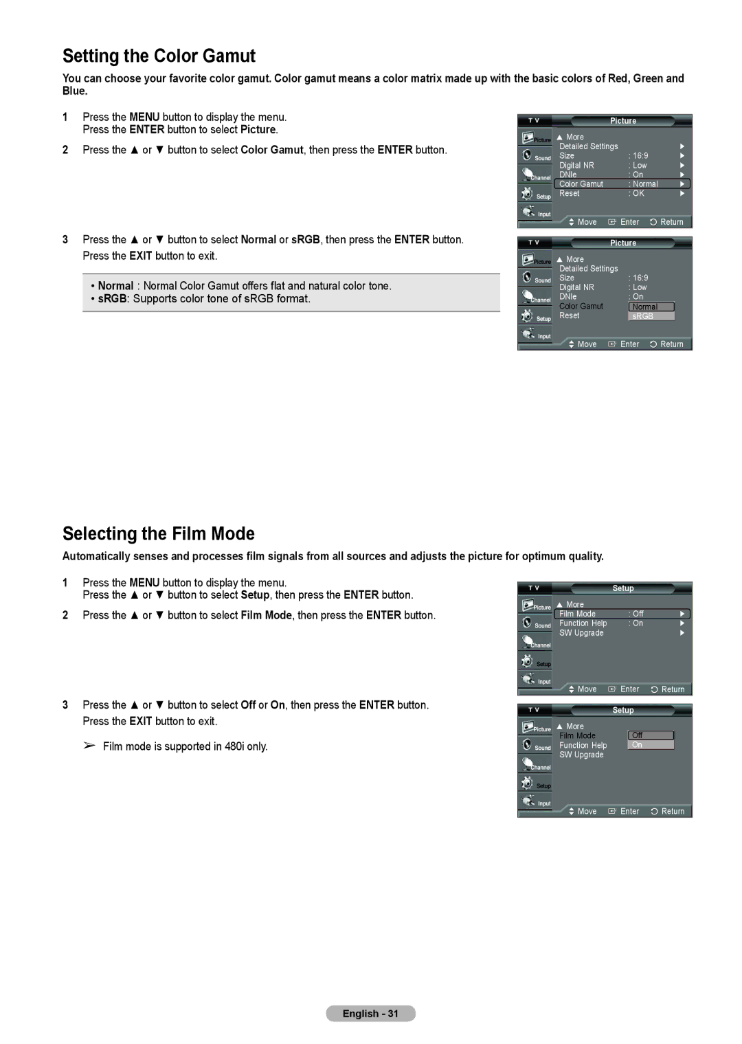 Samsung HL-T5675S, HL-T5075S, HLT4675S manual Setting the Color Gamut, Selecting the Film Mode 