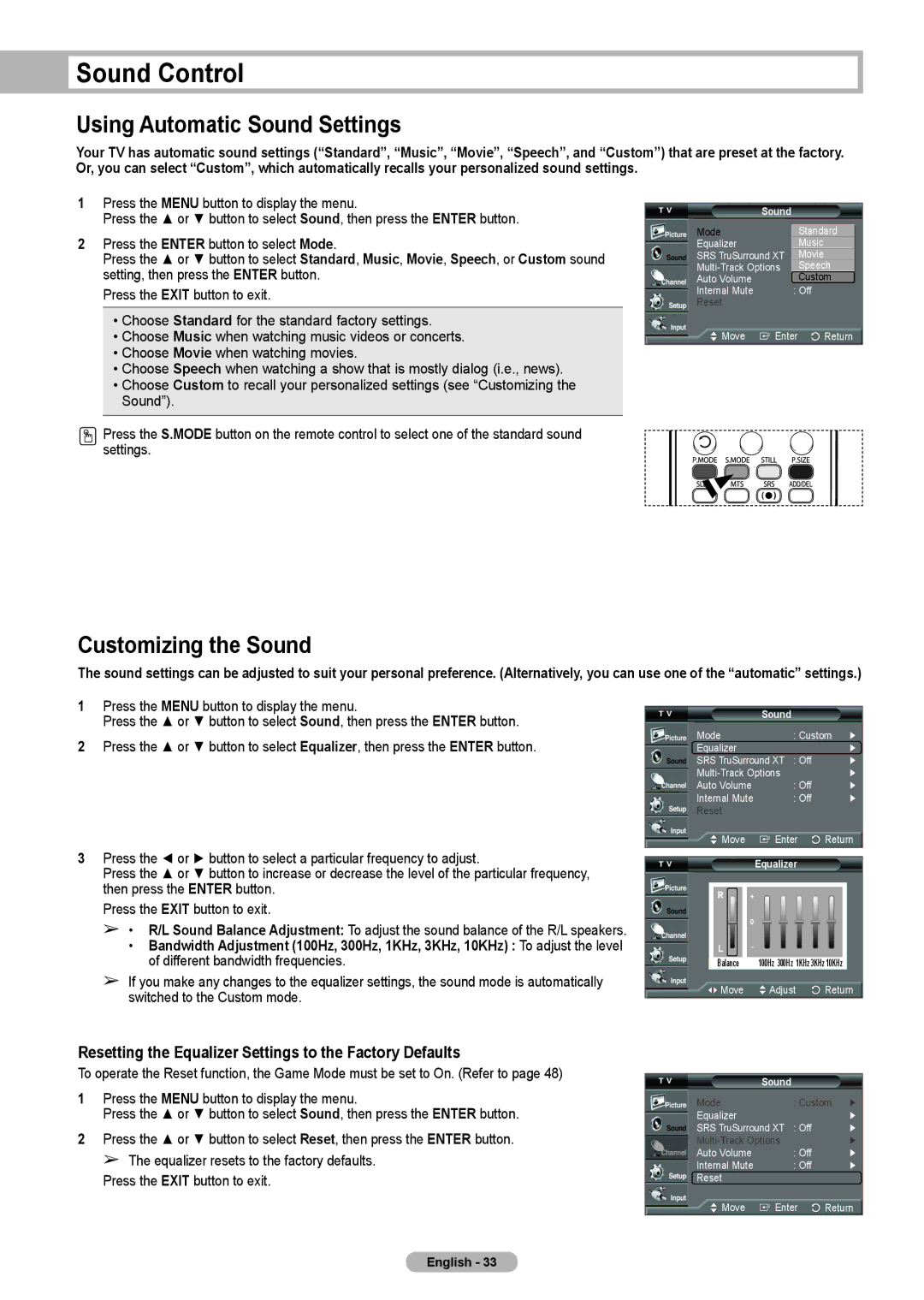 Samsung HL-T5075S, HL-T5675S, HLT4675S manual Sound Control, Using Automatic Sound Settings, Equalizer 