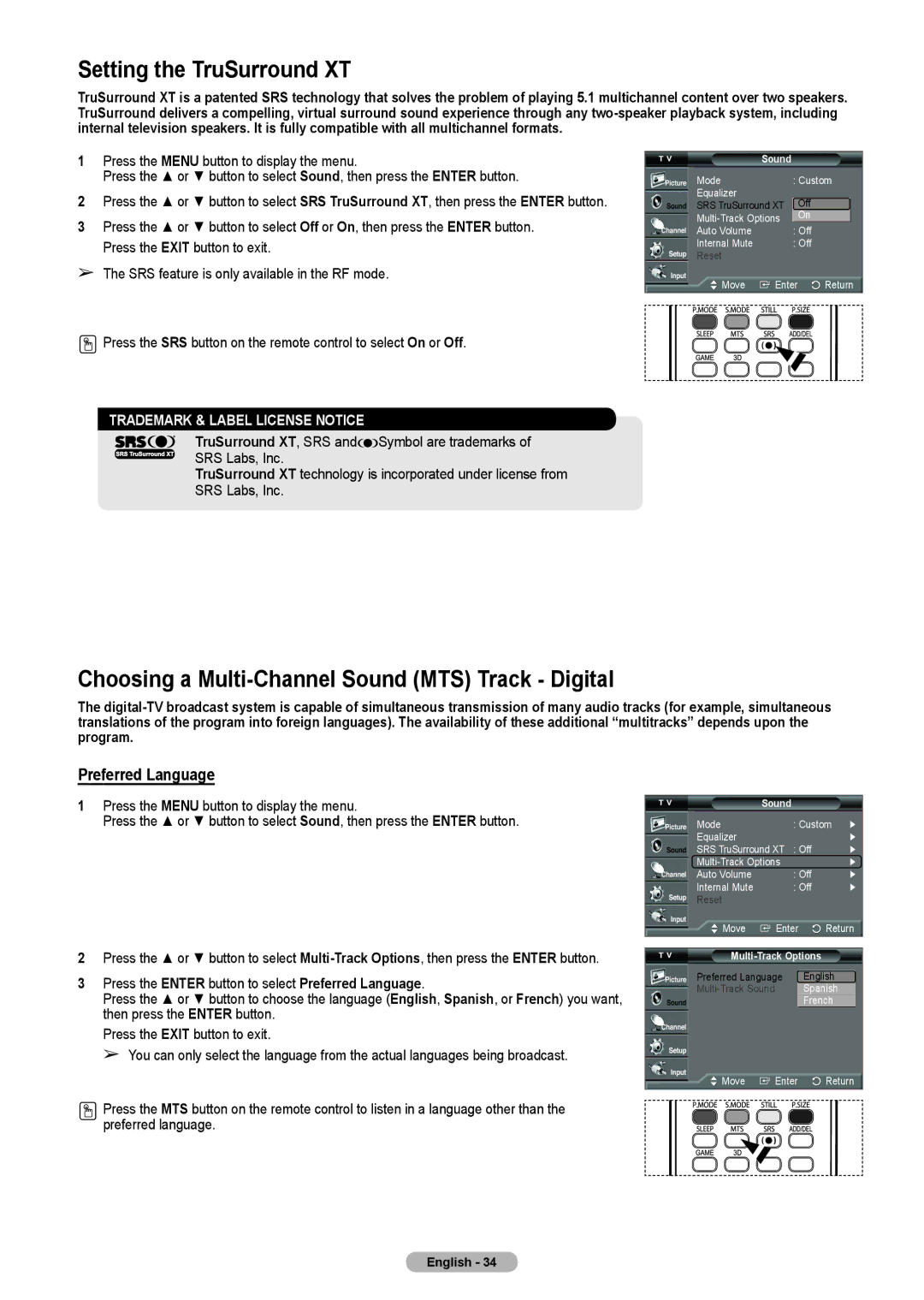 Samsung HL-T5675S manual Setting the TruSurround XT, Choosing a Multi-Channel Sound MTS Track Digital, Preferred Language 