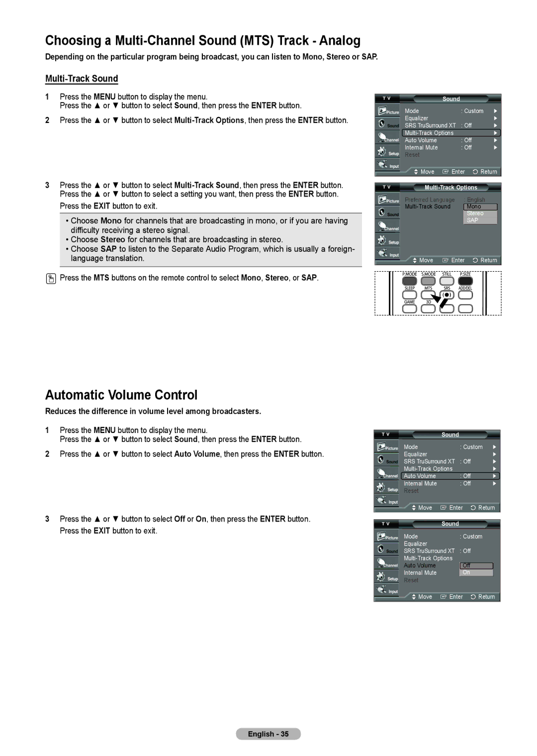 Samsung HLT4675S, HL-T5075S, HL-T5675S manual Choosing a Multi-Channel Sound MTS Track Analog, Multi-Track Sound 