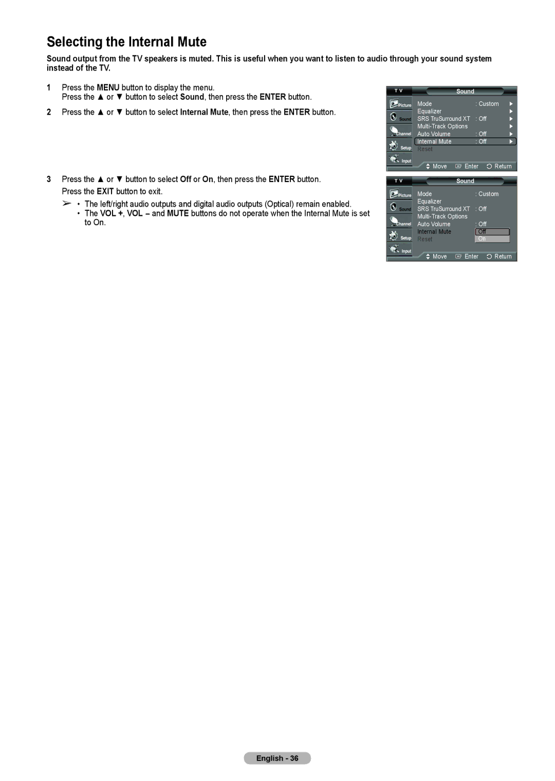 Samsung HL-T5075S, HL-T5675S, HLT4675S manual Selecting the Internal Mute 