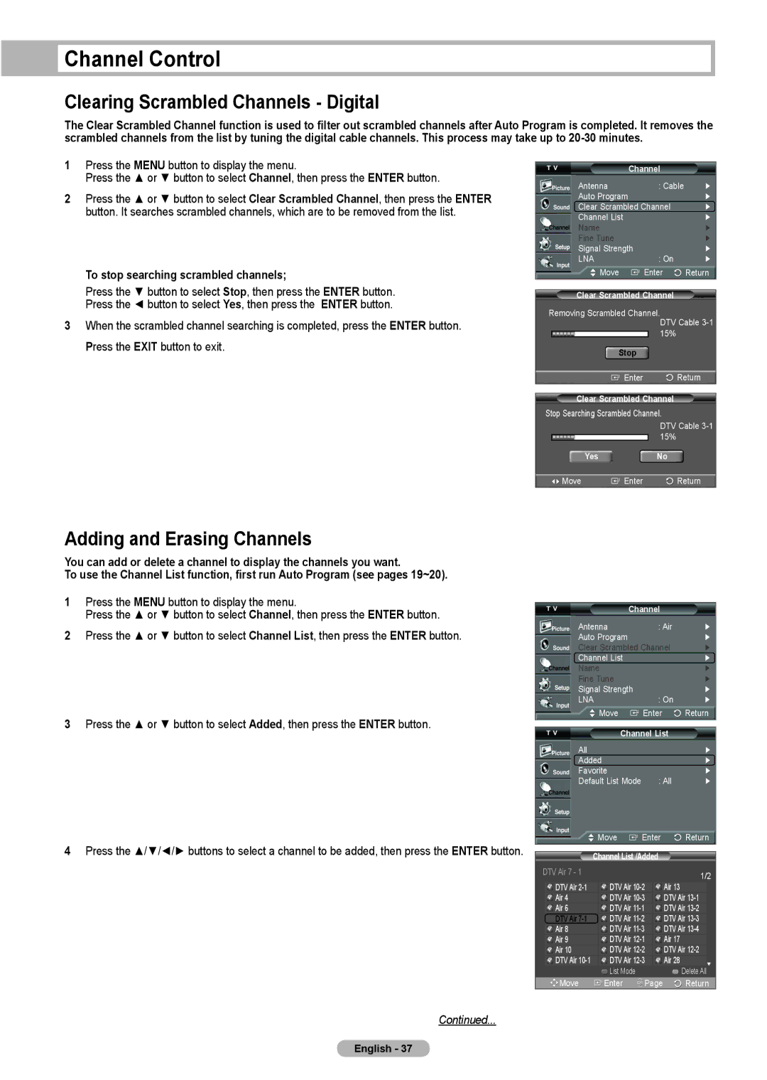 Samsung HL-T5675S, HL-T5075S, HLT4675S Channel Control, Clearing Scrambled Channels Digital, Adding and Erasing Channels 