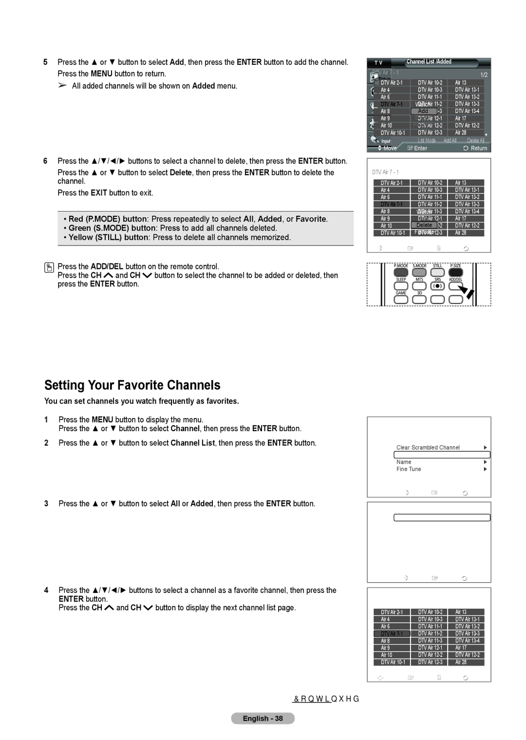 Samsung HLT4675S, HL-T5075S manual Setting Your Favorite Channels, Green S.MODE button Press to add all channels deleted 