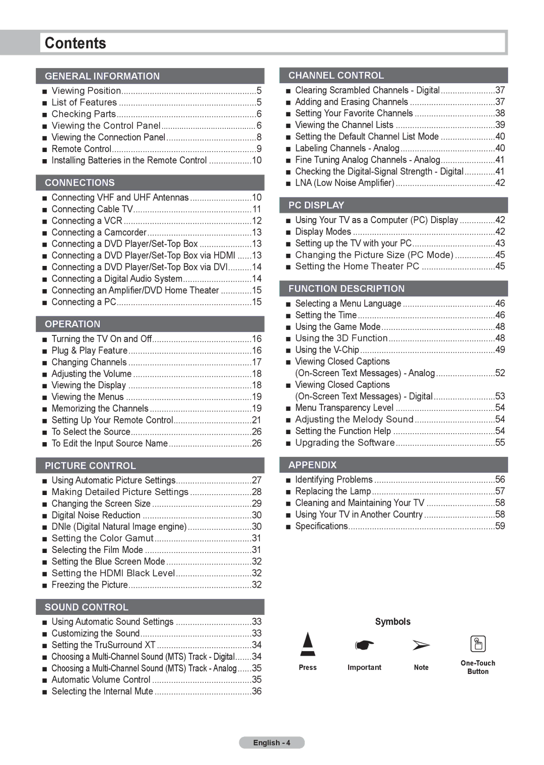 Samsung HL-T5675S, HL-T5075S, HLT4675S manual Contents 