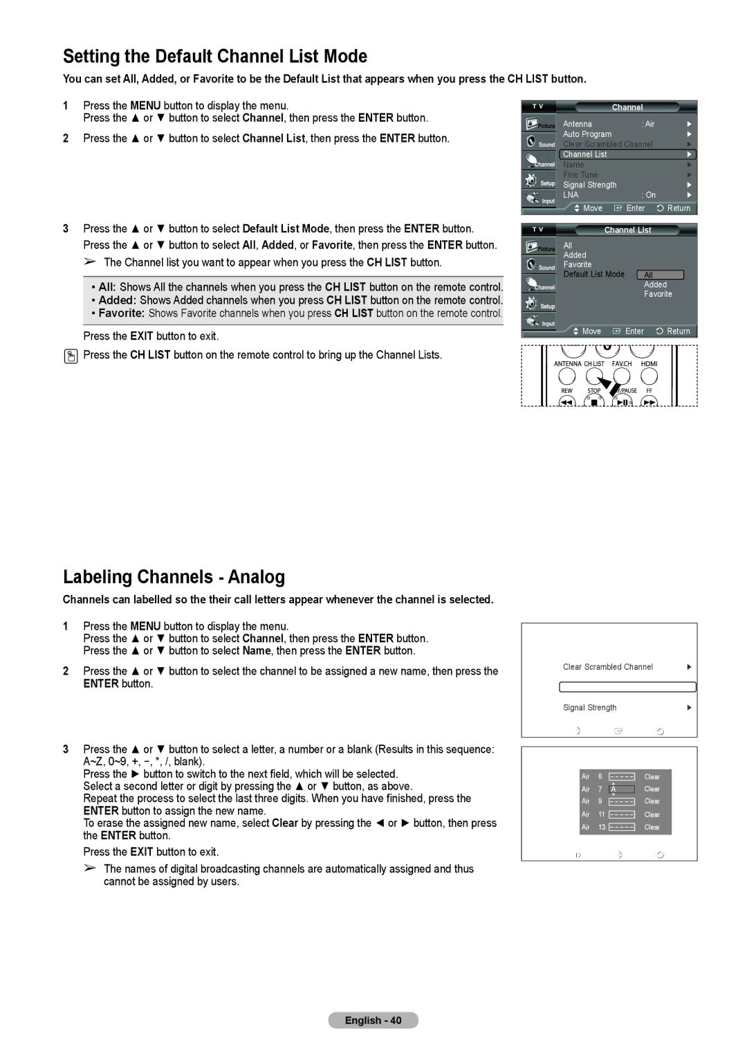 Samsung HL-T5675S, HL-T5075S, HLT4675S manual Setting the Default Channel List Mode, Name 