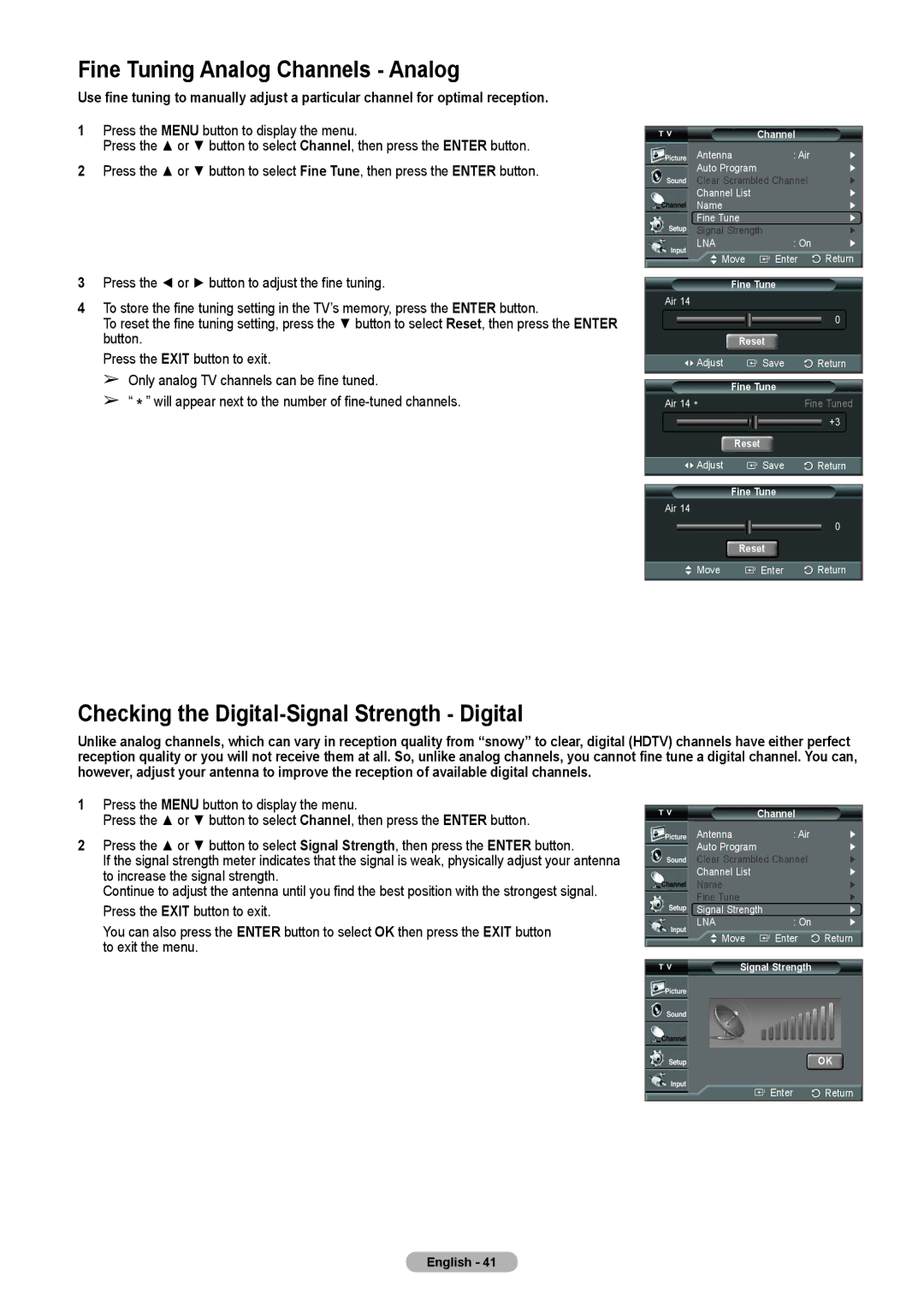 Samsung HLT4675S manual Fine Tuning Analog Channels Analog, Checking the Digital-Signal Strength Digital, Fine Tune, Reset 