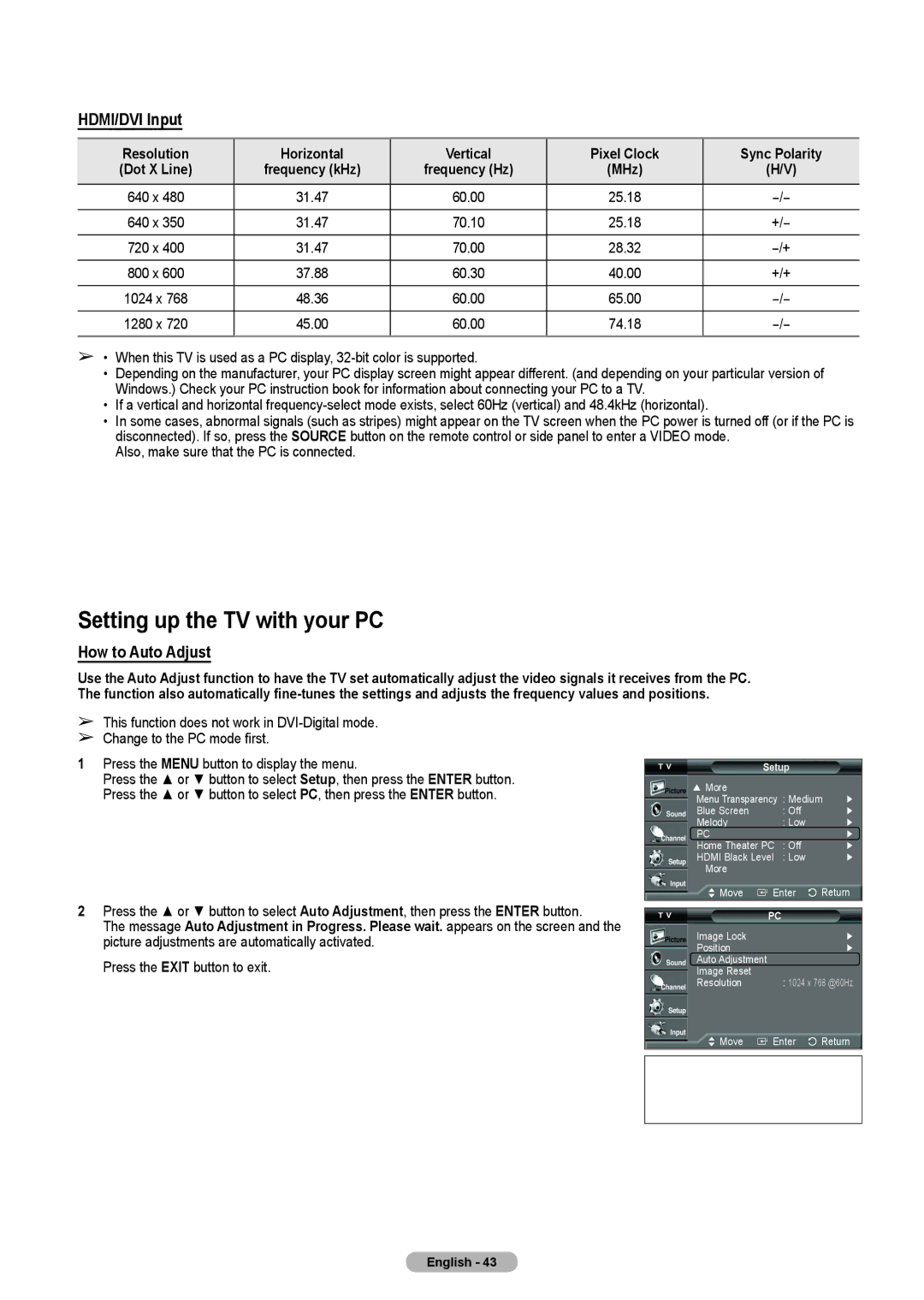 Samsung HL-T5675S, HL-T5075S, HLT4675S manual Setting up the TV with your PC, HDMI/DVI Input, How to Auto Adjust 