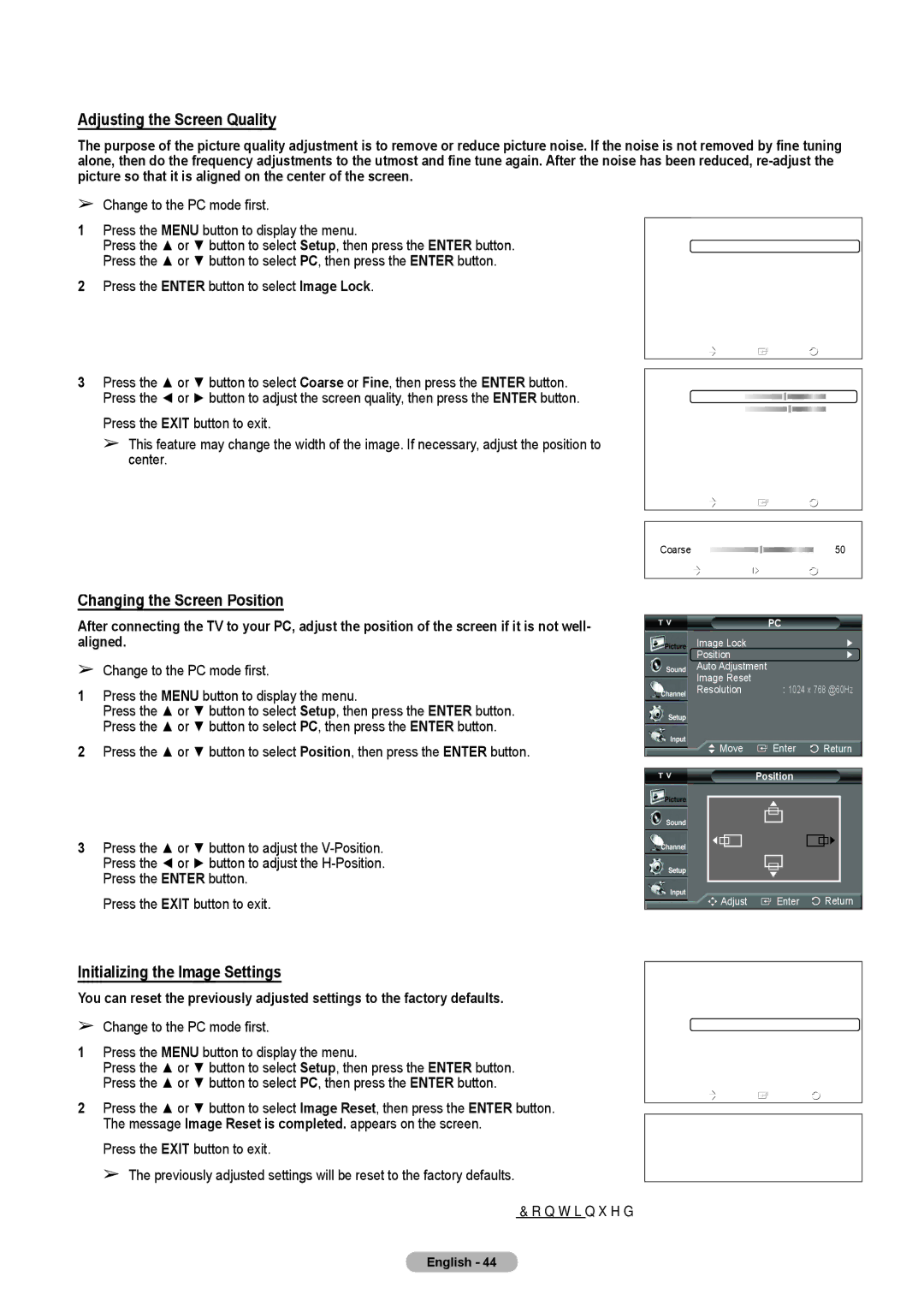 Samsung HLT4675S Adjusting the Screen Quality, Changing the Screen Position, Initializing the Image Settings, Image Lock 