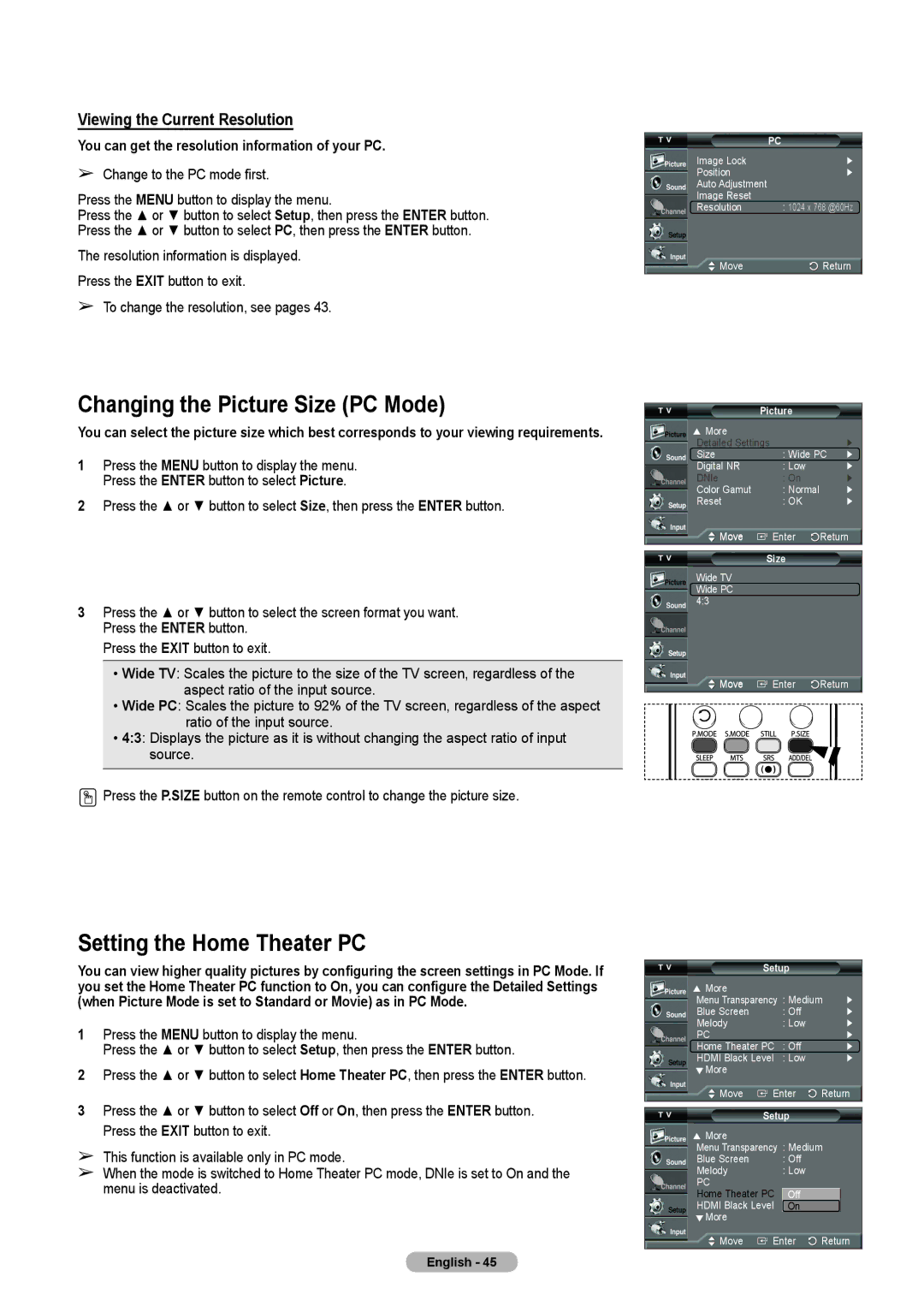 Samsung HL-T5075S, HLT4675S Changing the Picture Size PC Mode, Setting the Home Theater PC, Viewing the Current Resolution 